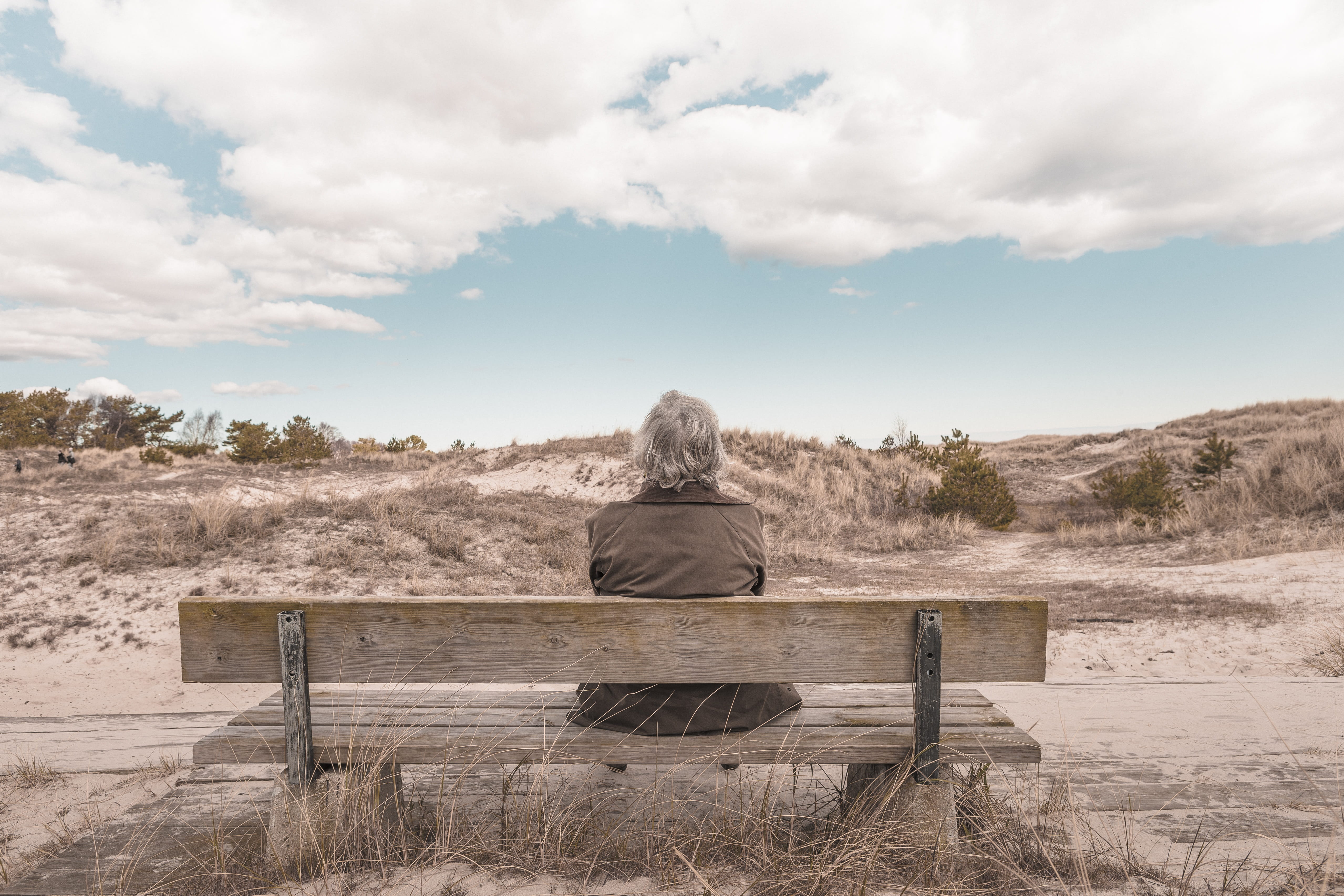 nature, person, woman, cloud - sky, adult, granny, women, setee, rear view, alone, lifestyles, leisure activity, old, one person, hairstyle, beauty in nature, HD Wallpaper