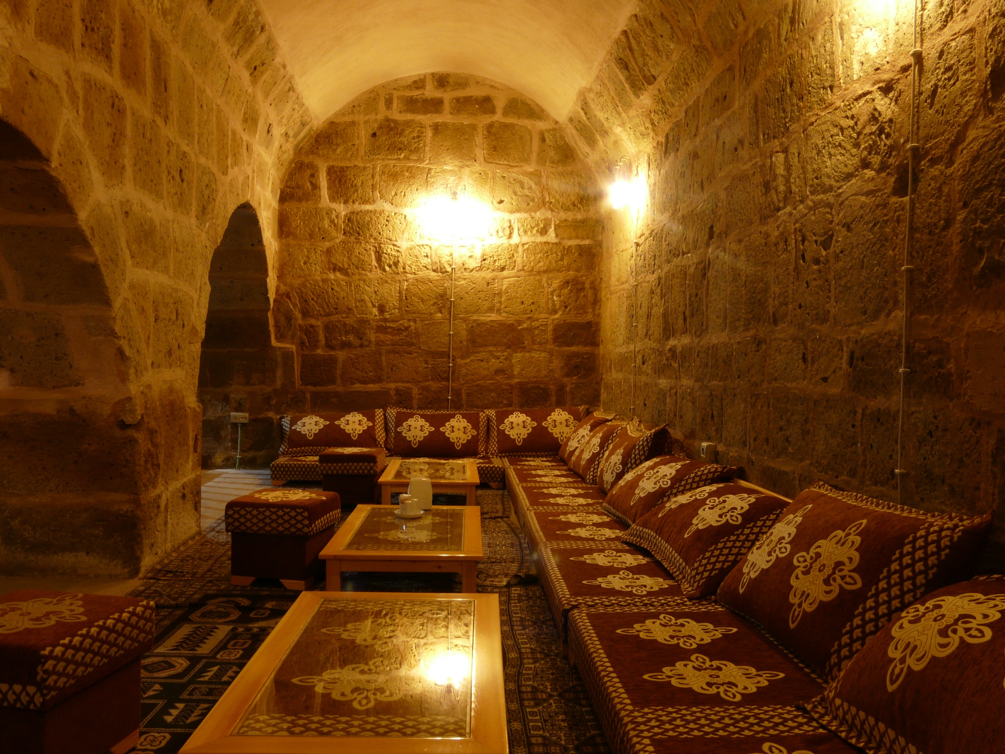 empty, drink, oriental, lighting equipment, seat, food and drink, cellar, illuminated, no people, belief, wine, architecture, tables, caravanserai, wall, HD Wallpaper