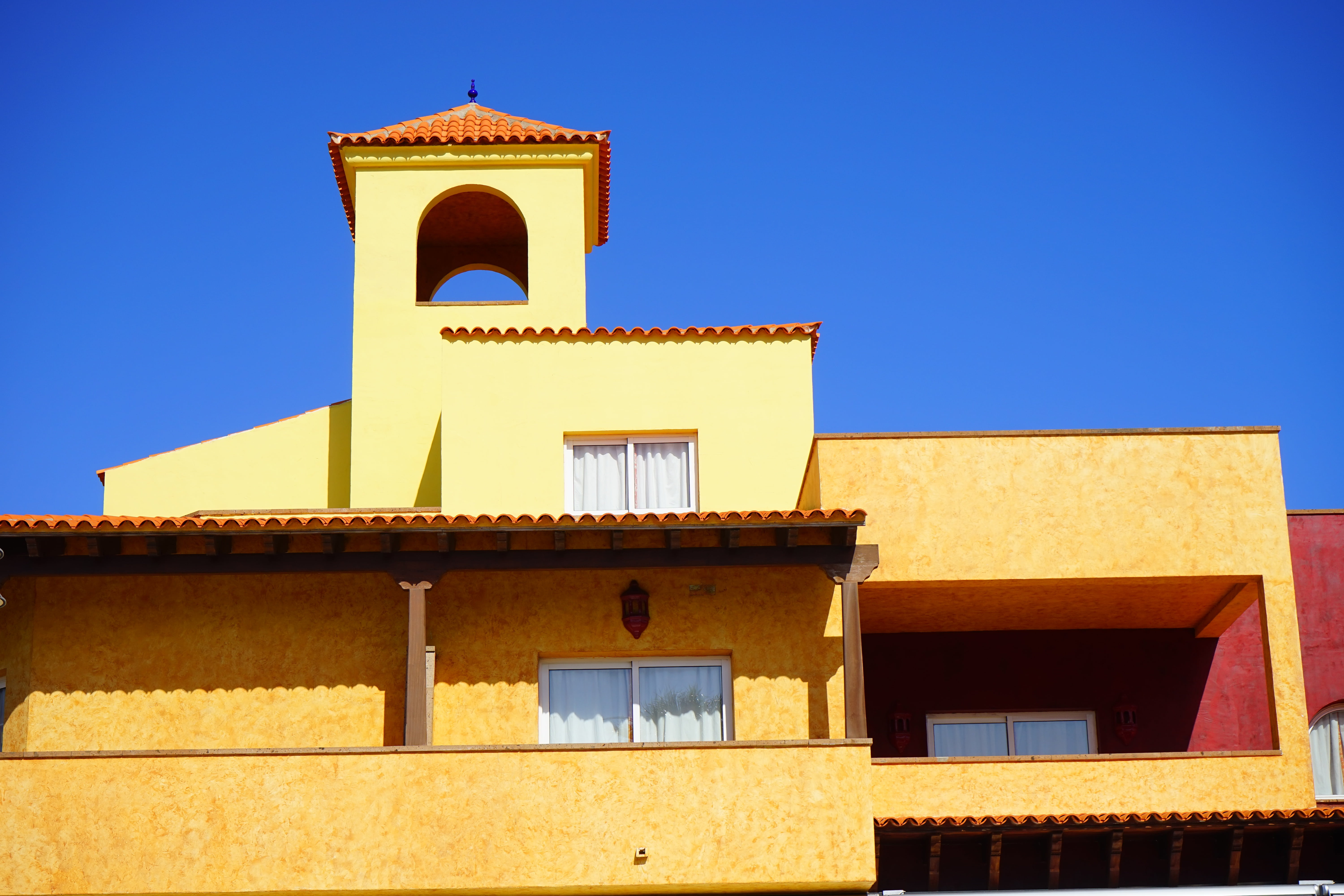 low angle view, turret, tower, building exterior, hotel, nature, mediterranean, built structure, day, blue, yellow, building, canary islands, 5K, no people, HD Wallpaper