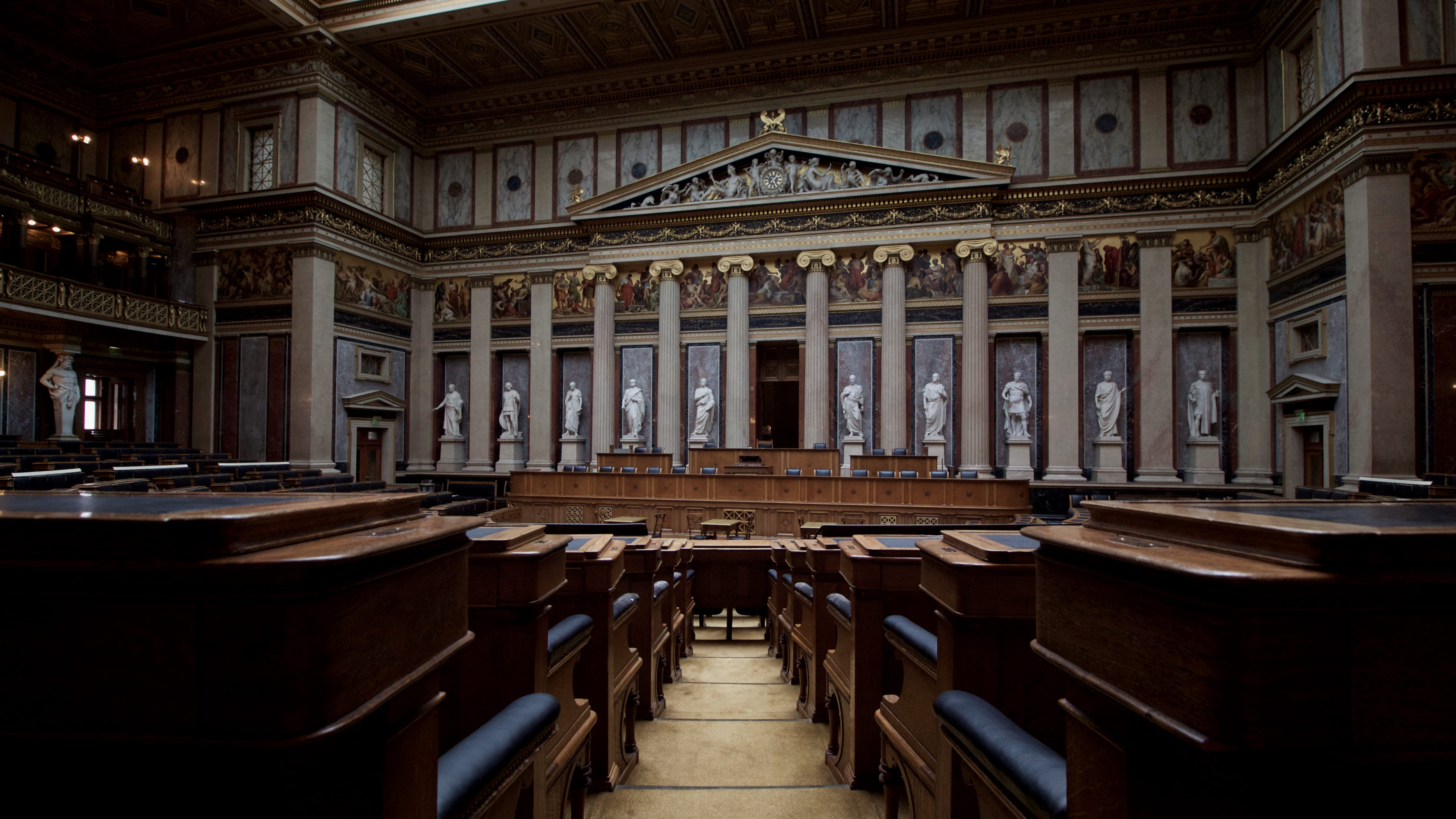 aisle, marble, greek, architecture, wien, absence, austrian parliament building, history, 5K, place of worship, vienna, building, the past, parliament, HD Wallpaper