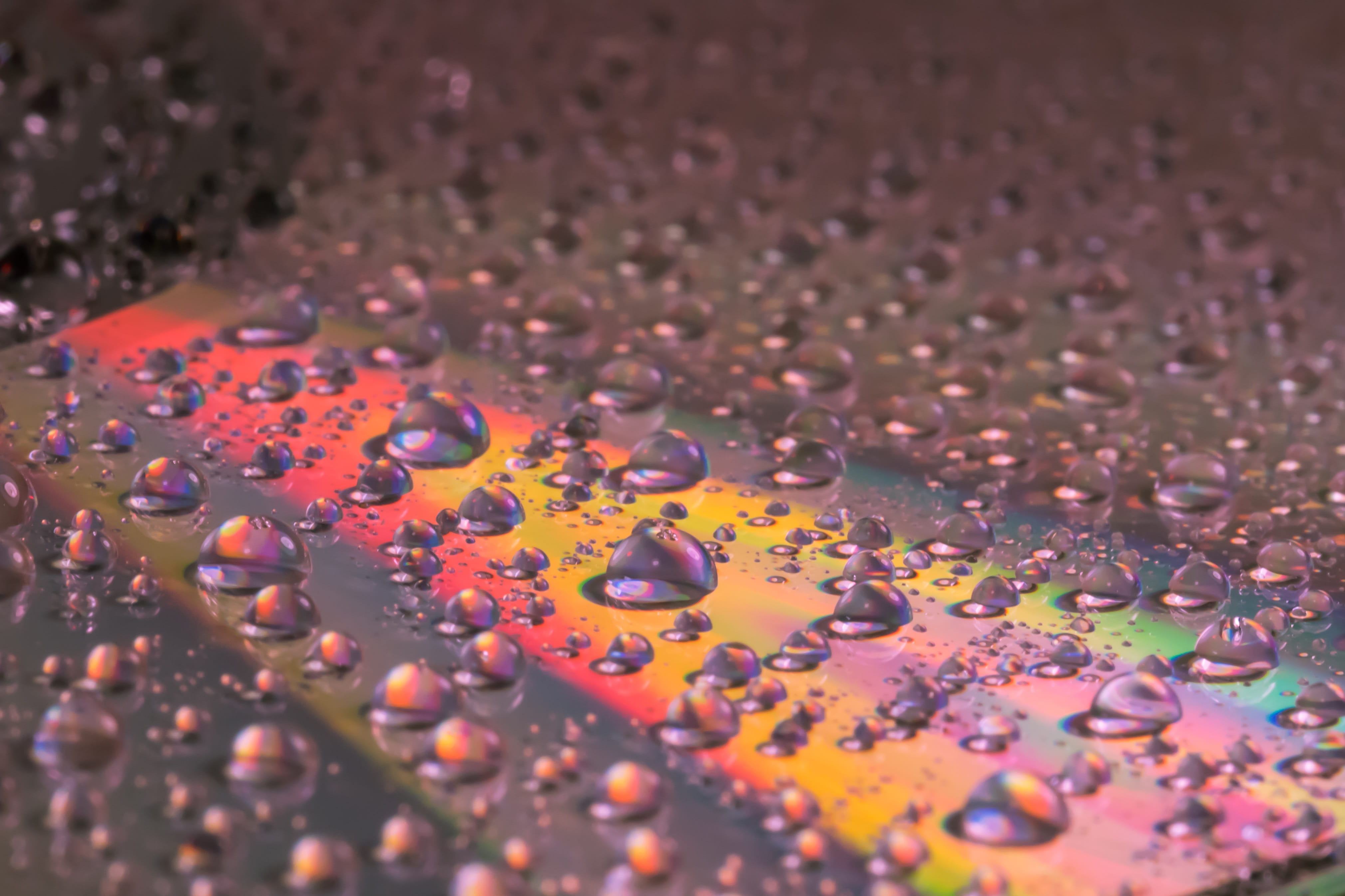 transportation, wet, bubble, data medium, Drop Of Water, shiny, variation, color, disk, full frame, 4K, lichtspiel, computer, raindrop, outdoors, indoors, HD Wallpaper
