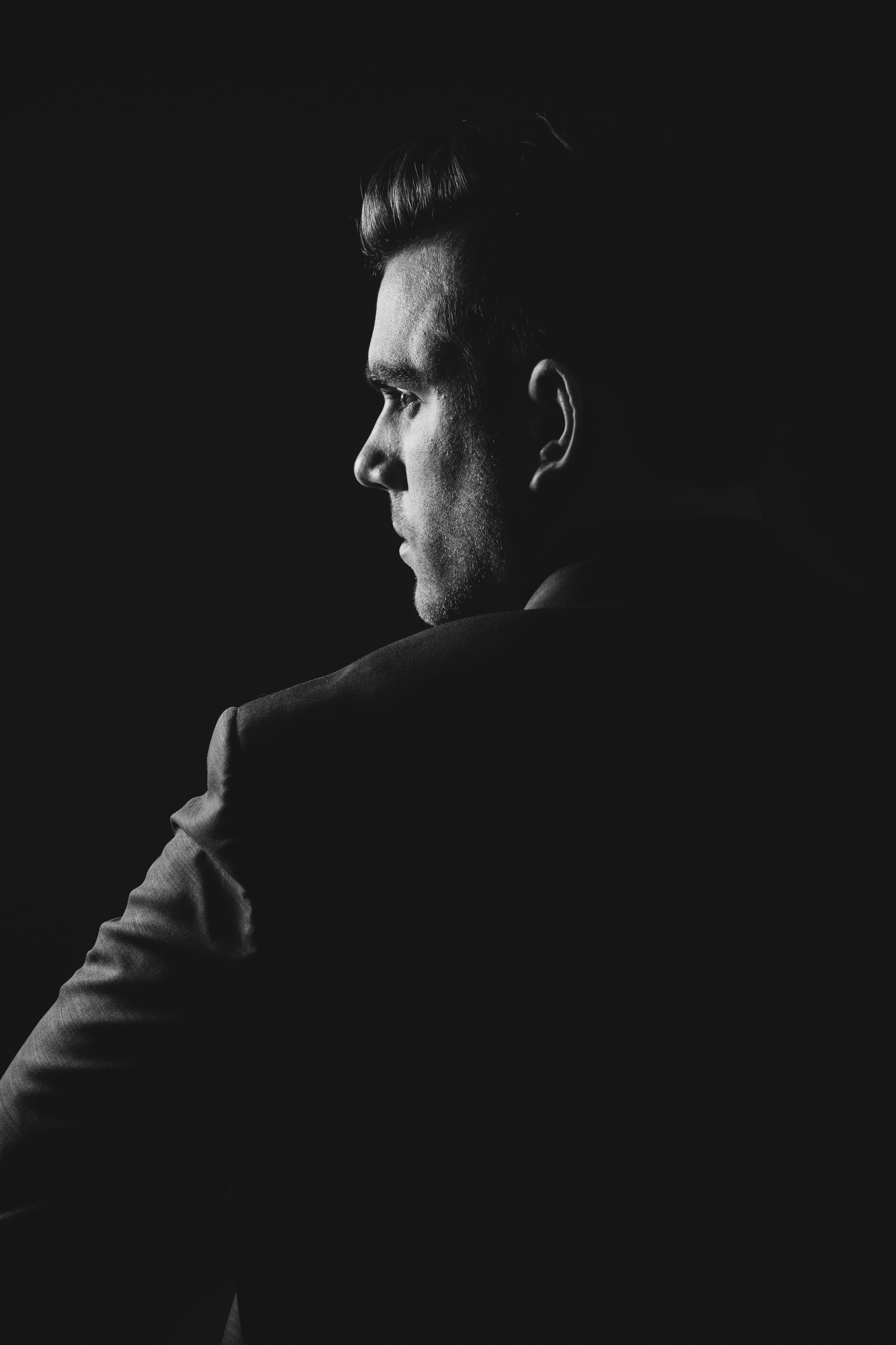 photo, people, serious, young men, studio shot, males, man, copy space, real people, dark, men, formal, black And White, looking away, looking, coat, headshot, Phone HD Wallpaper