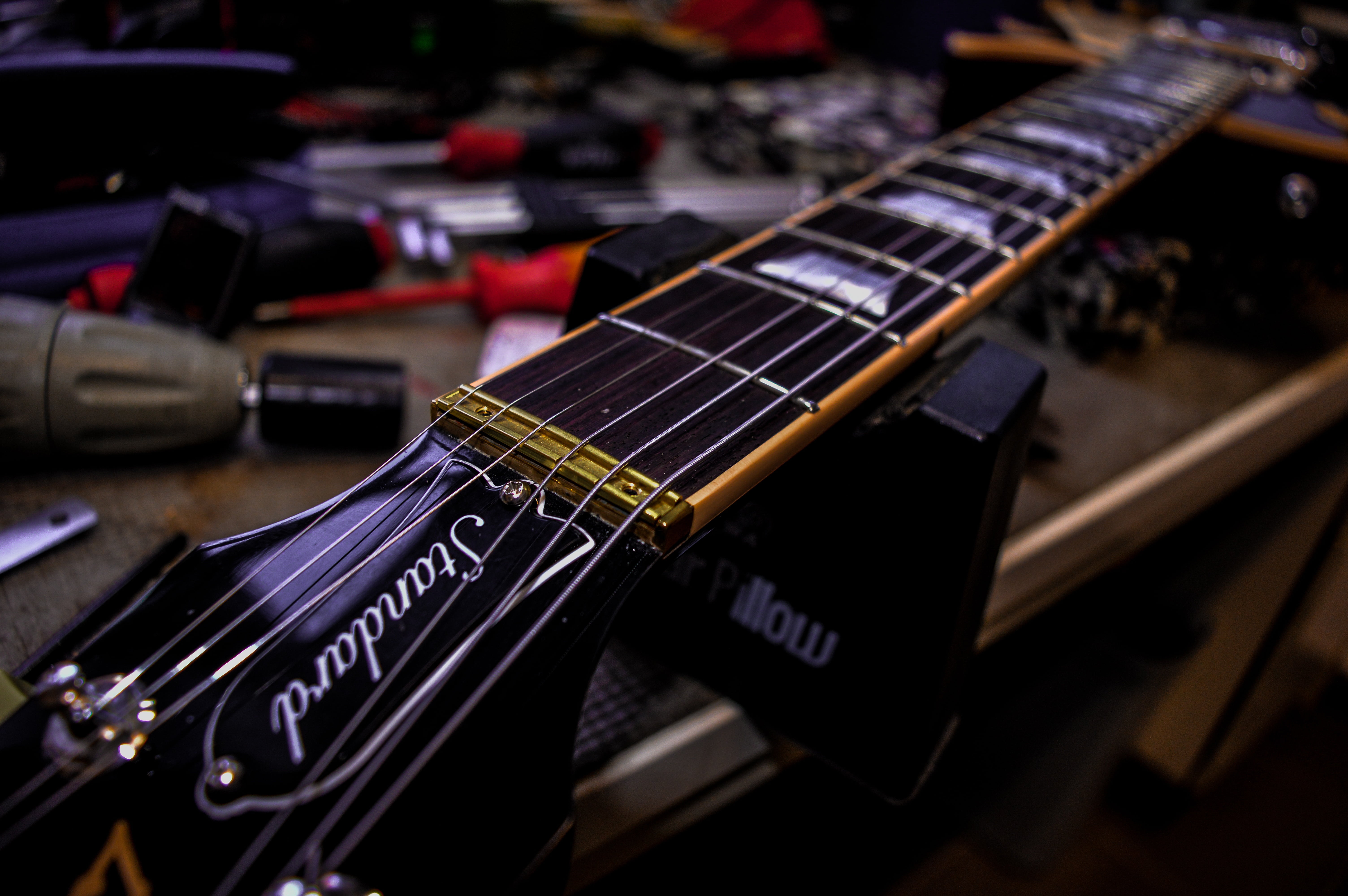 no people, photography, string, fretboard, headstock, gibson, focus, repair, music, electric, 5K, indoors, musical instrument string, wind instrument, HD Wallpaper
