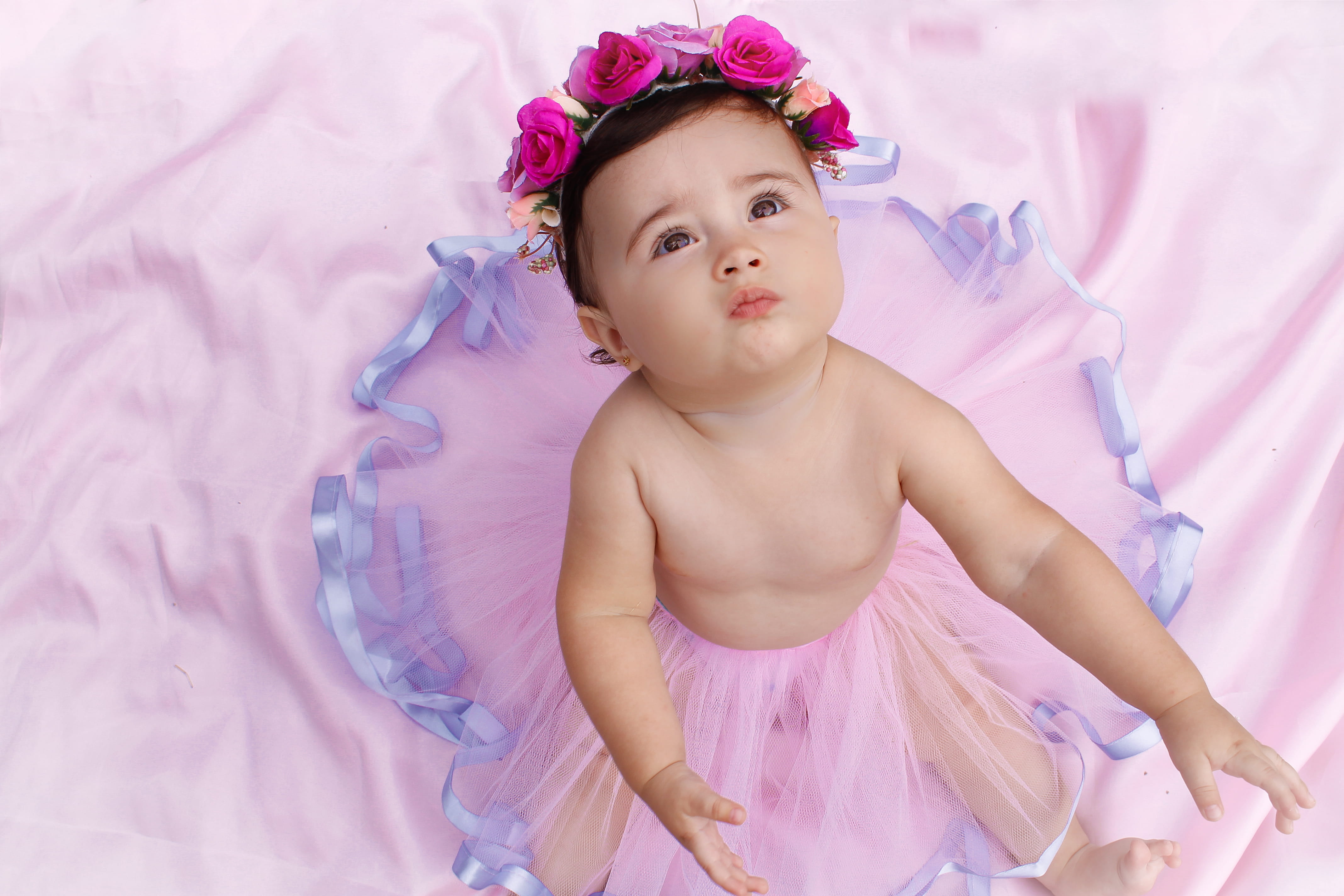 beautiful, close-up, brown eyes, bed, indoors, pink color, tutu, looking up, skin, women, top view, child, little, front view, 4K, one person, body, princess, HD Wallpaper