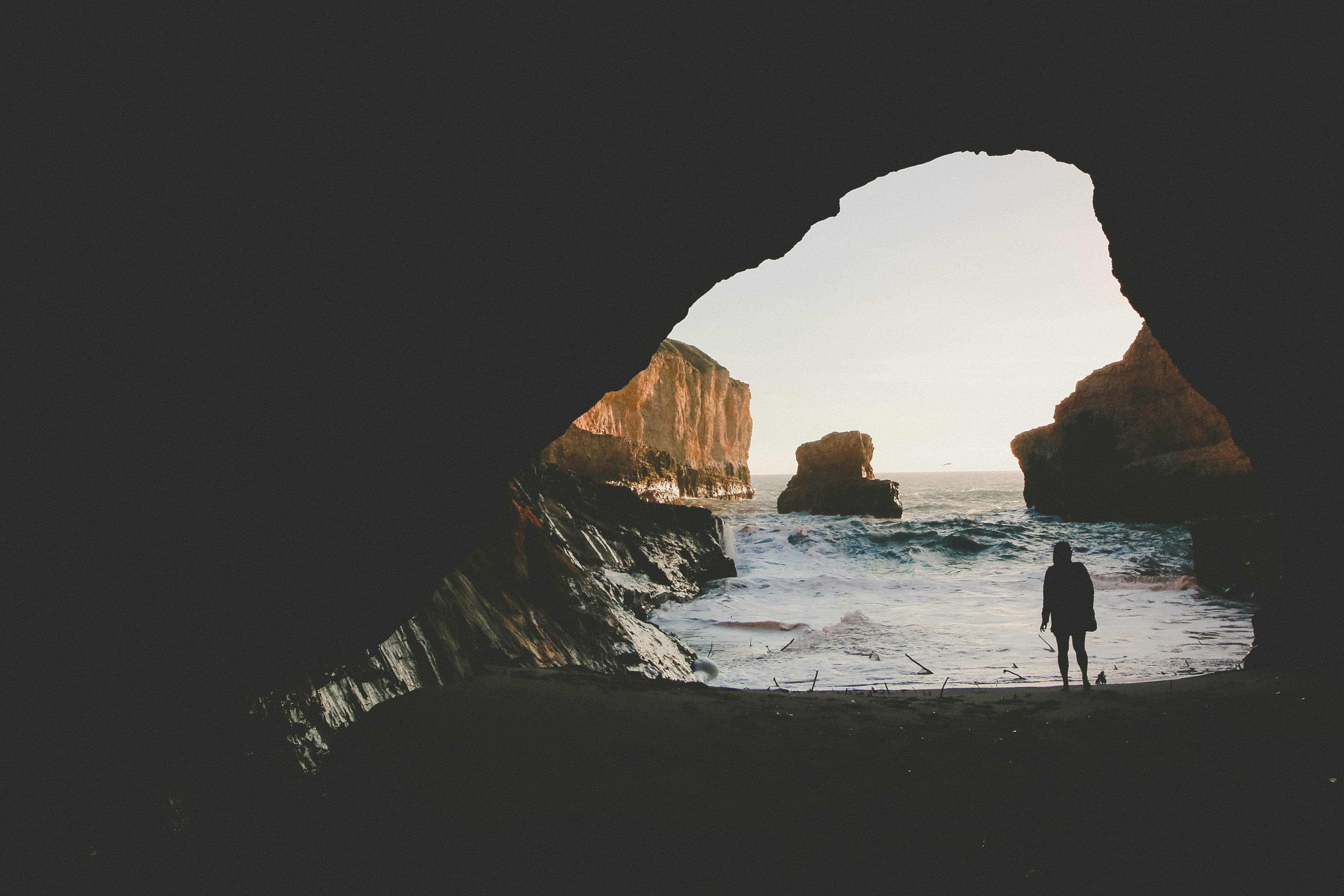 dark, vacation, leisure activity, rock - object, person, low key, nature, lifestyles, water, day, silhouette, solid, entrance, cave, 4K, landscape, body, HD Wallpaper