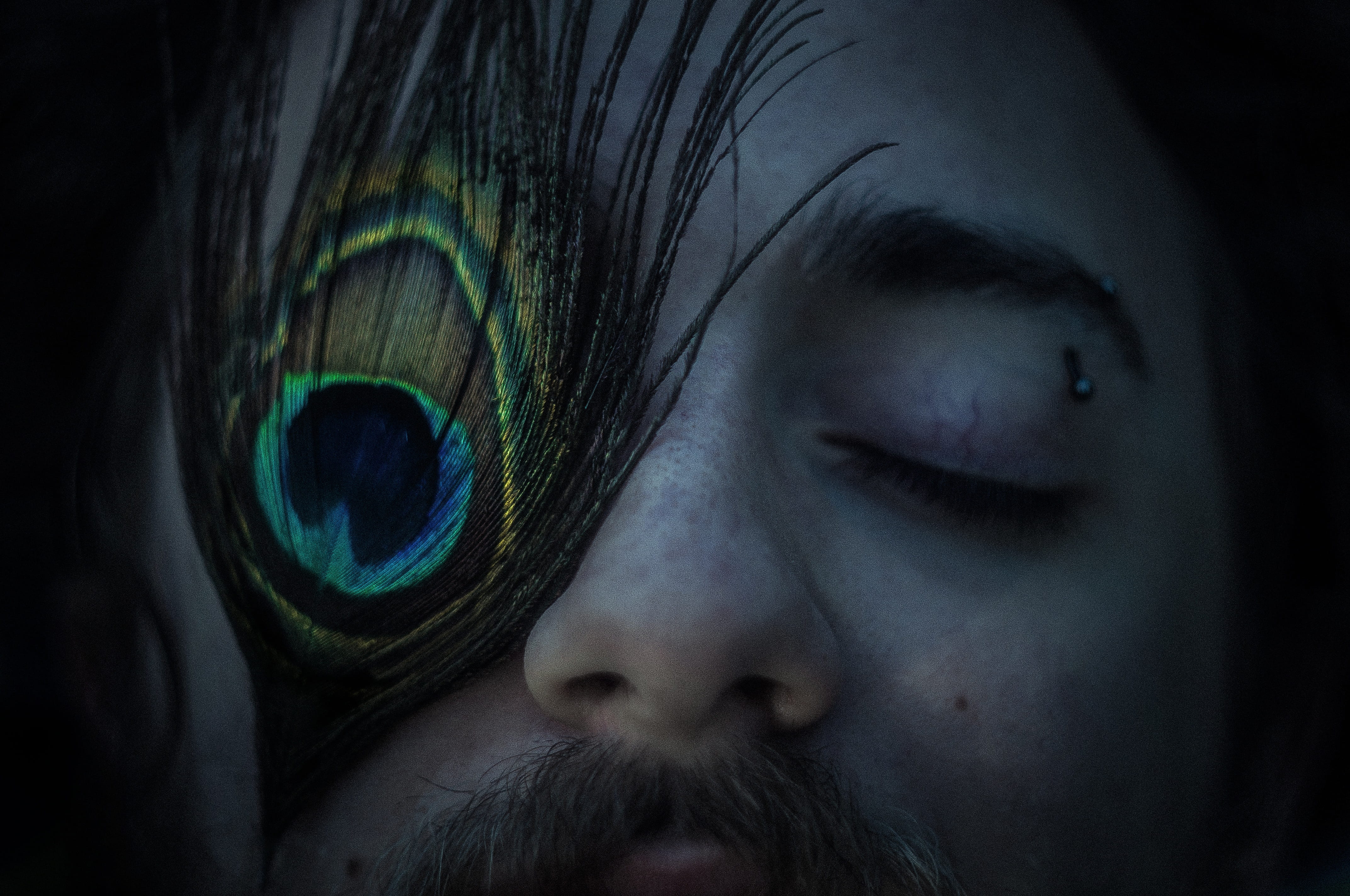 man, peacock, face, mystical, one person, close-up, demon - fictional character, blue, eyelash, mood, spooky, mock up, dark, adult, body part, person, human body part, HD Wallpaper