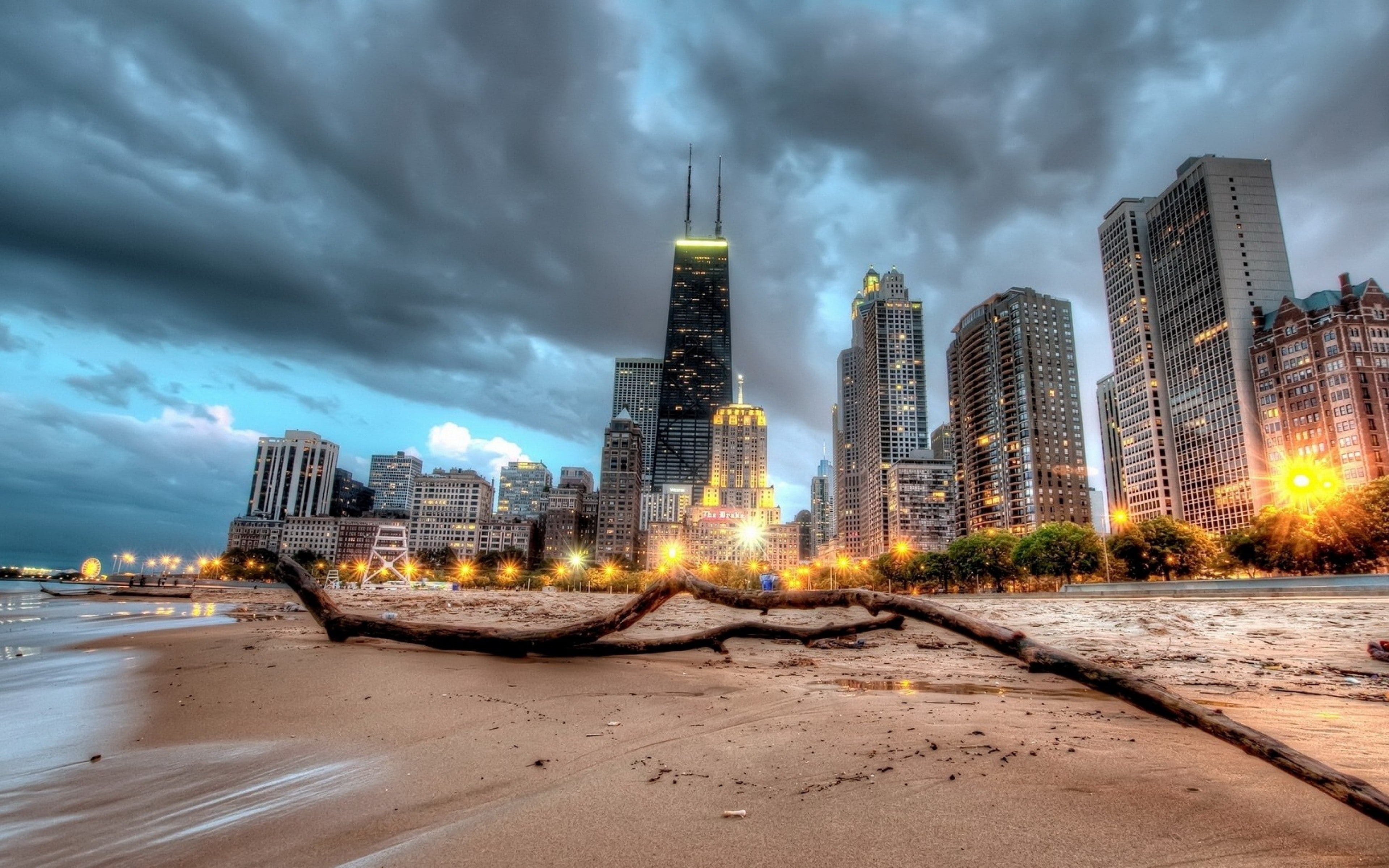 Chicago, beach, night, HDR, 4K, city, lights, long exposure, HD Wallpaper