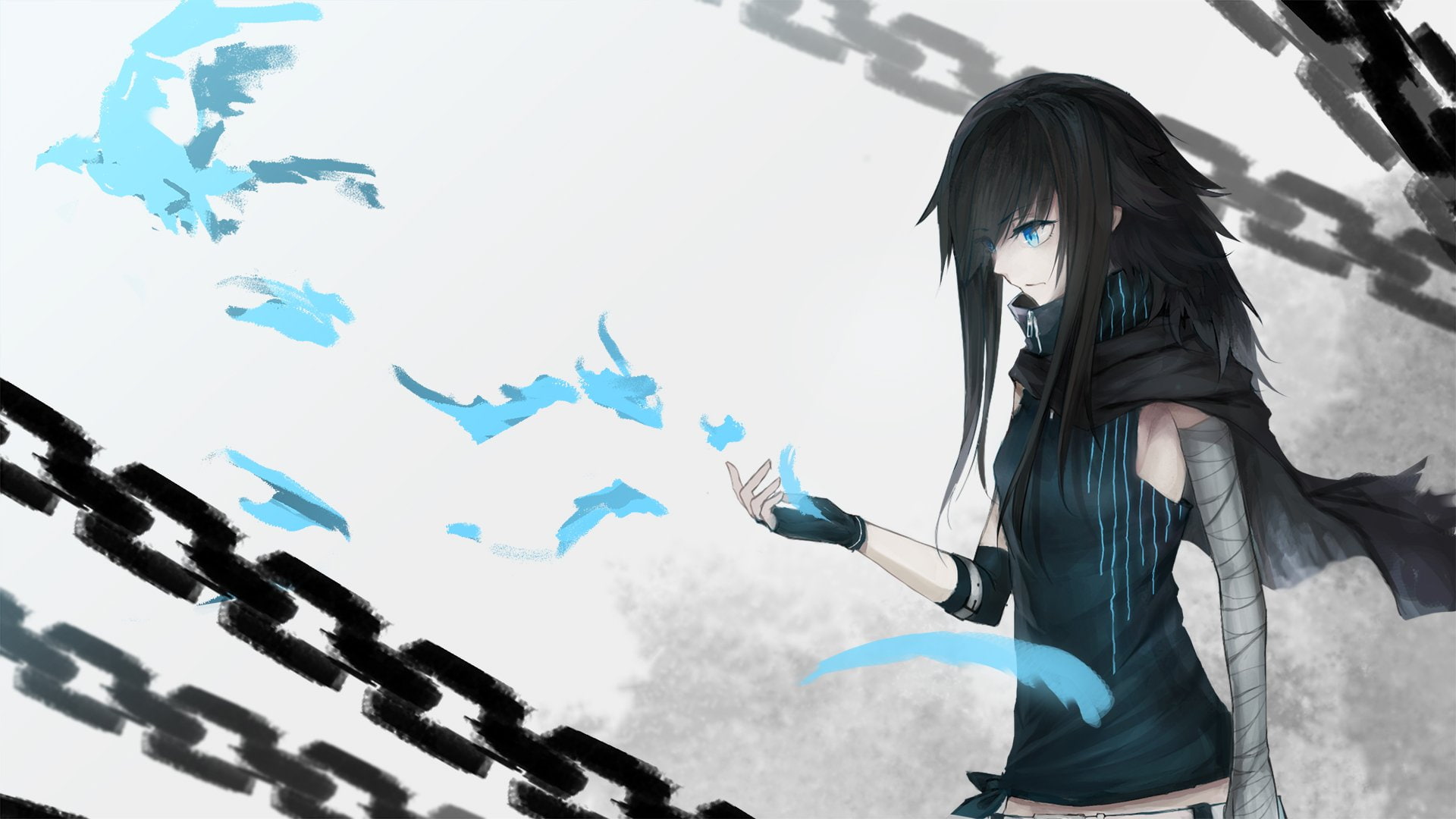 1080P, chain, bandage, original, long, hair, black, eyes, blue, mek, HD Wallpaper