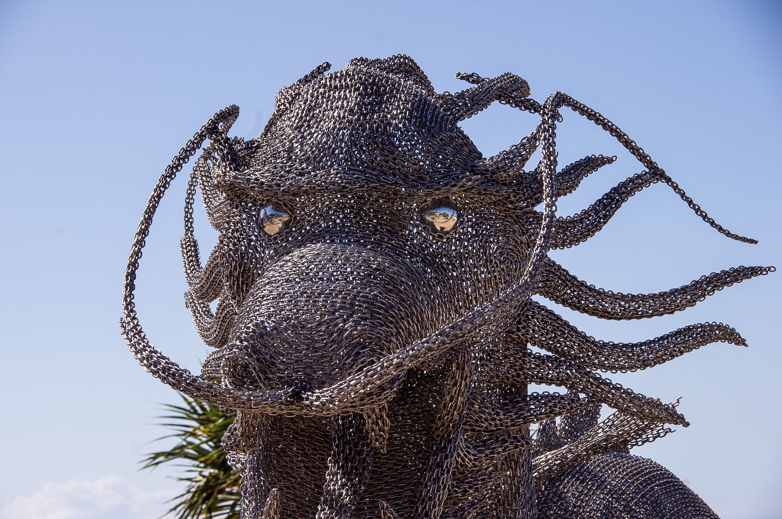animal, chain-link, eyes, model, clear sky, portrait, shiny, sculpture, mythical, modern, front view, sunlight, 2K, contemporary, outdoors, day, mammal, HD Wallpaper