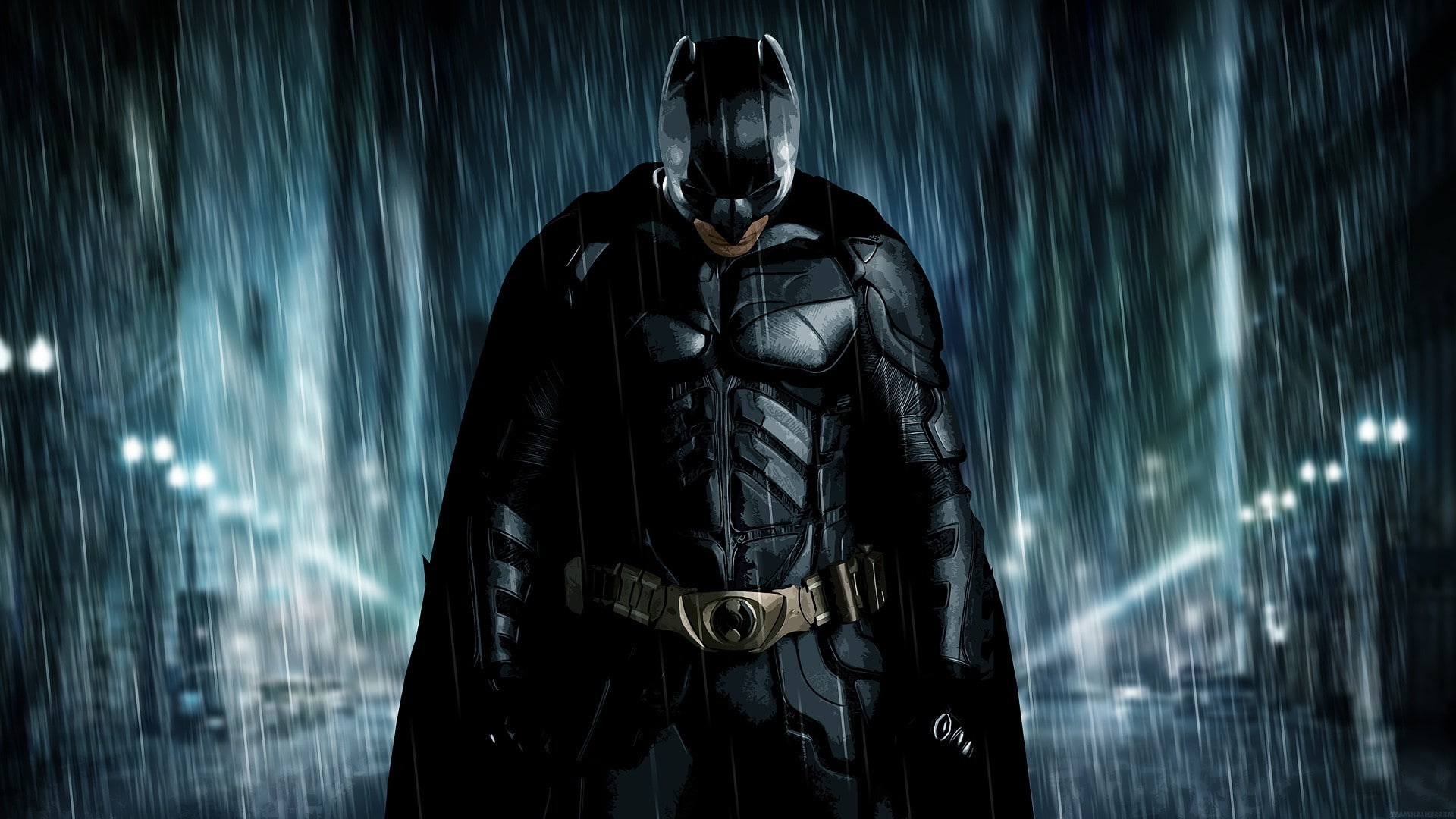 Batman, sea, art and craft, waist up, night, superhero, 1080P, disguise, men, three quarter length, rain, front view, representation, illuminated, standing, HD Wallpaper