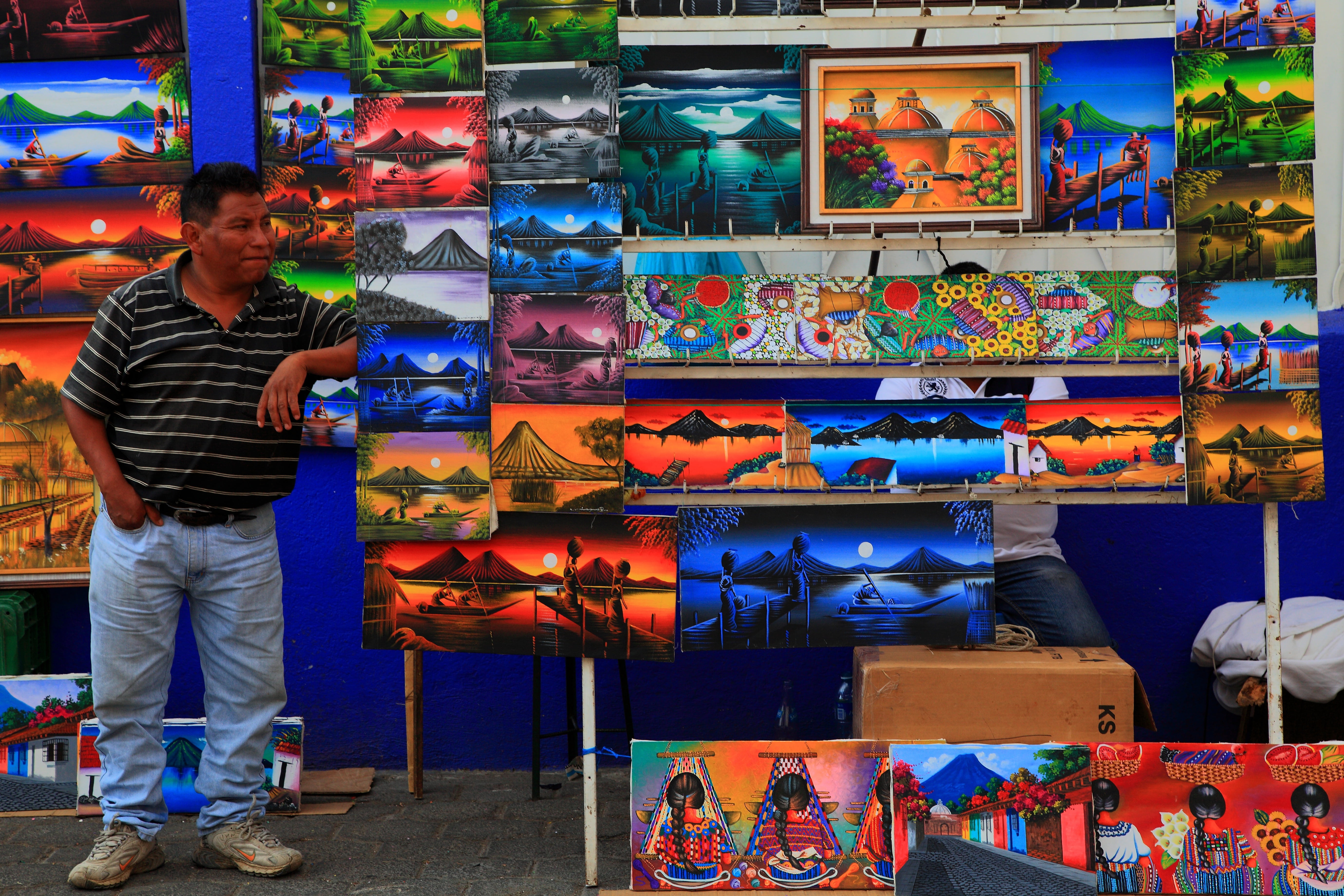 large group of objects, abundance, retail, painting, latin america, man, art, 5K, beside, store, paintings, rear view, vendor, retail display, street, HD Wallpaper