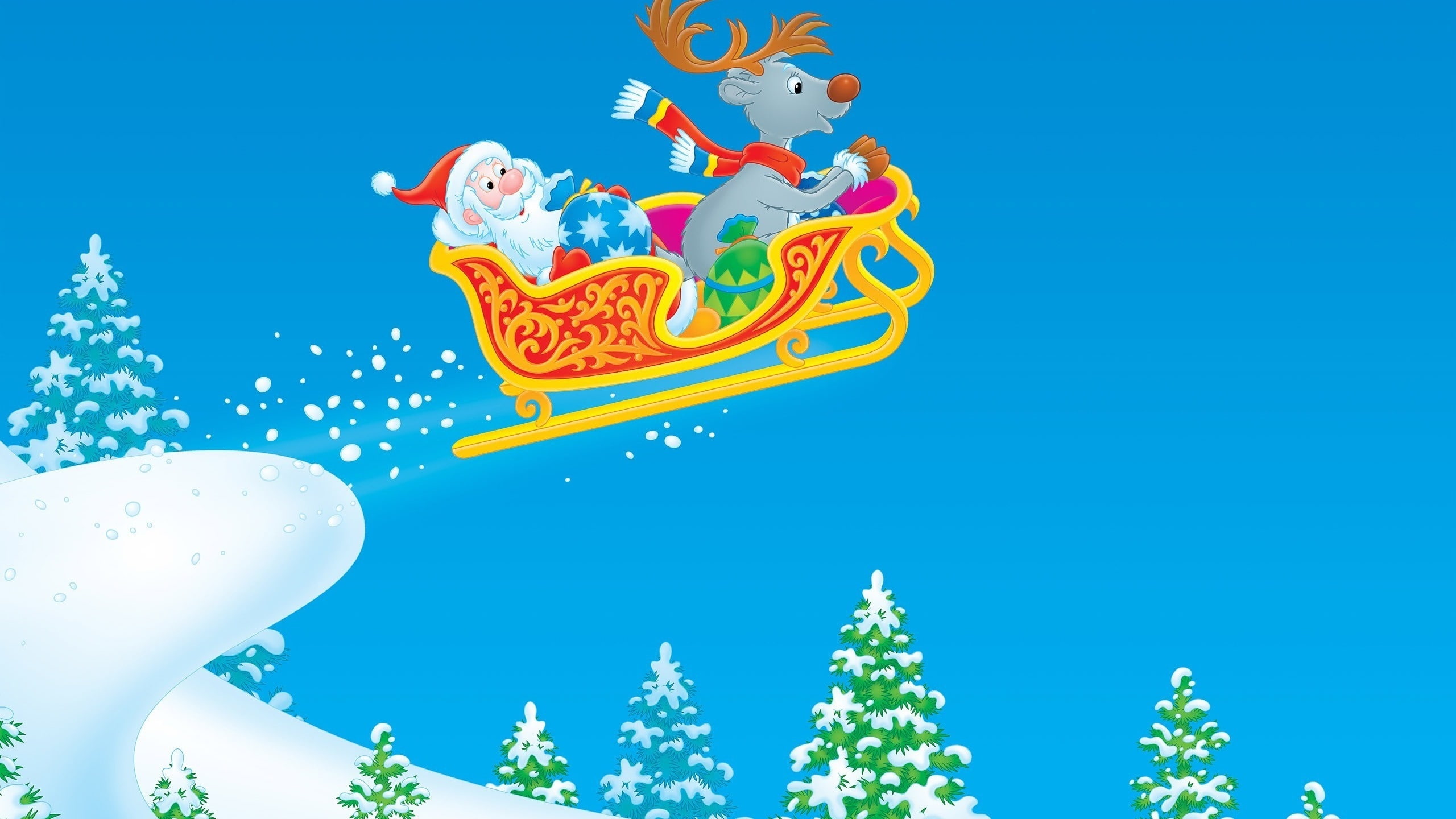 cartoon, santa, illustration, claus, clause, clouse, reindeer, background, sleigh, christmas, holiday, 2K, HD Wallpaper