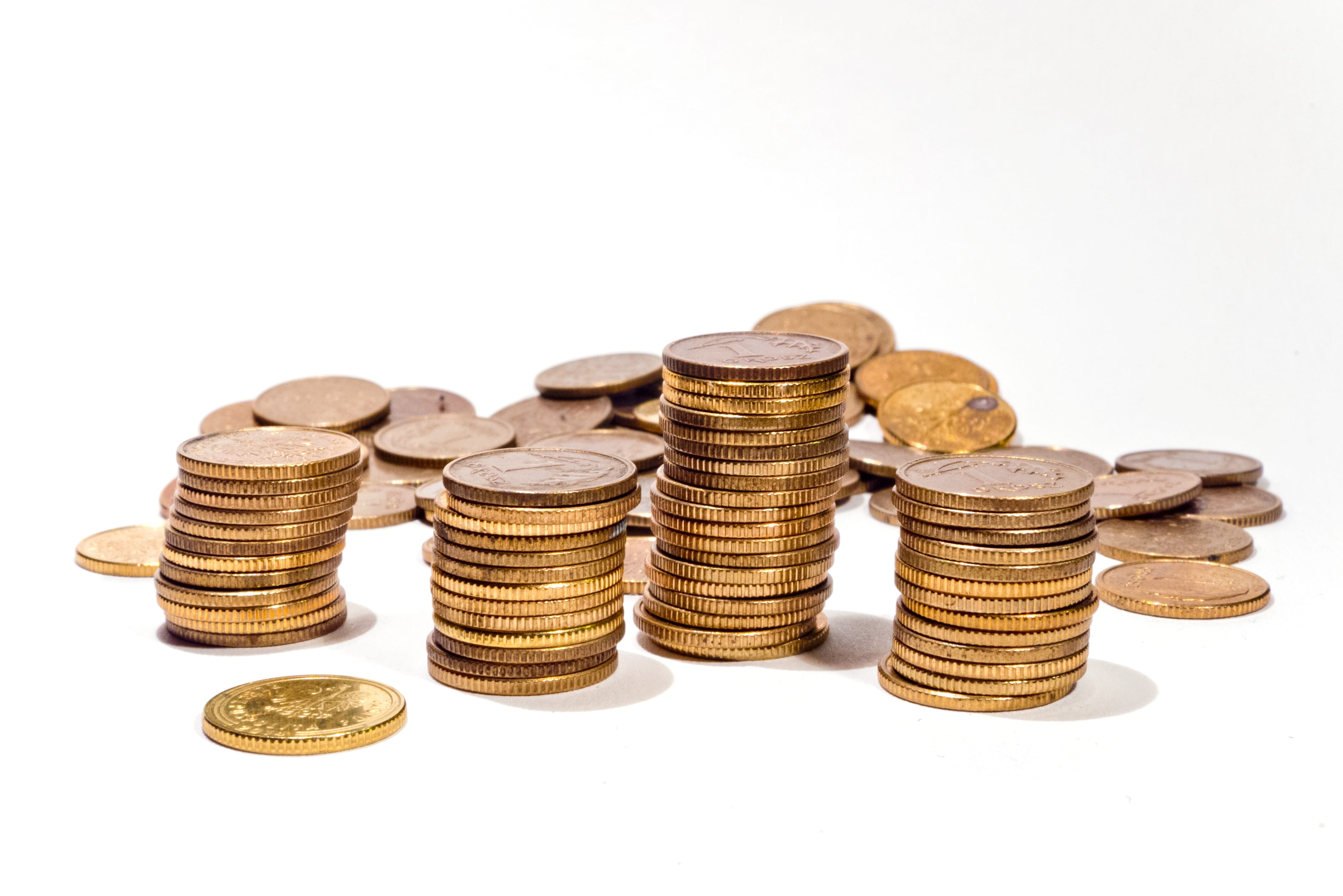 Currency, savings, stacked, Coin, Coins, indoors, white background, growth, finance, cut out, money making, isolated, Gold, Money, investment, still life, HD Wallpaper