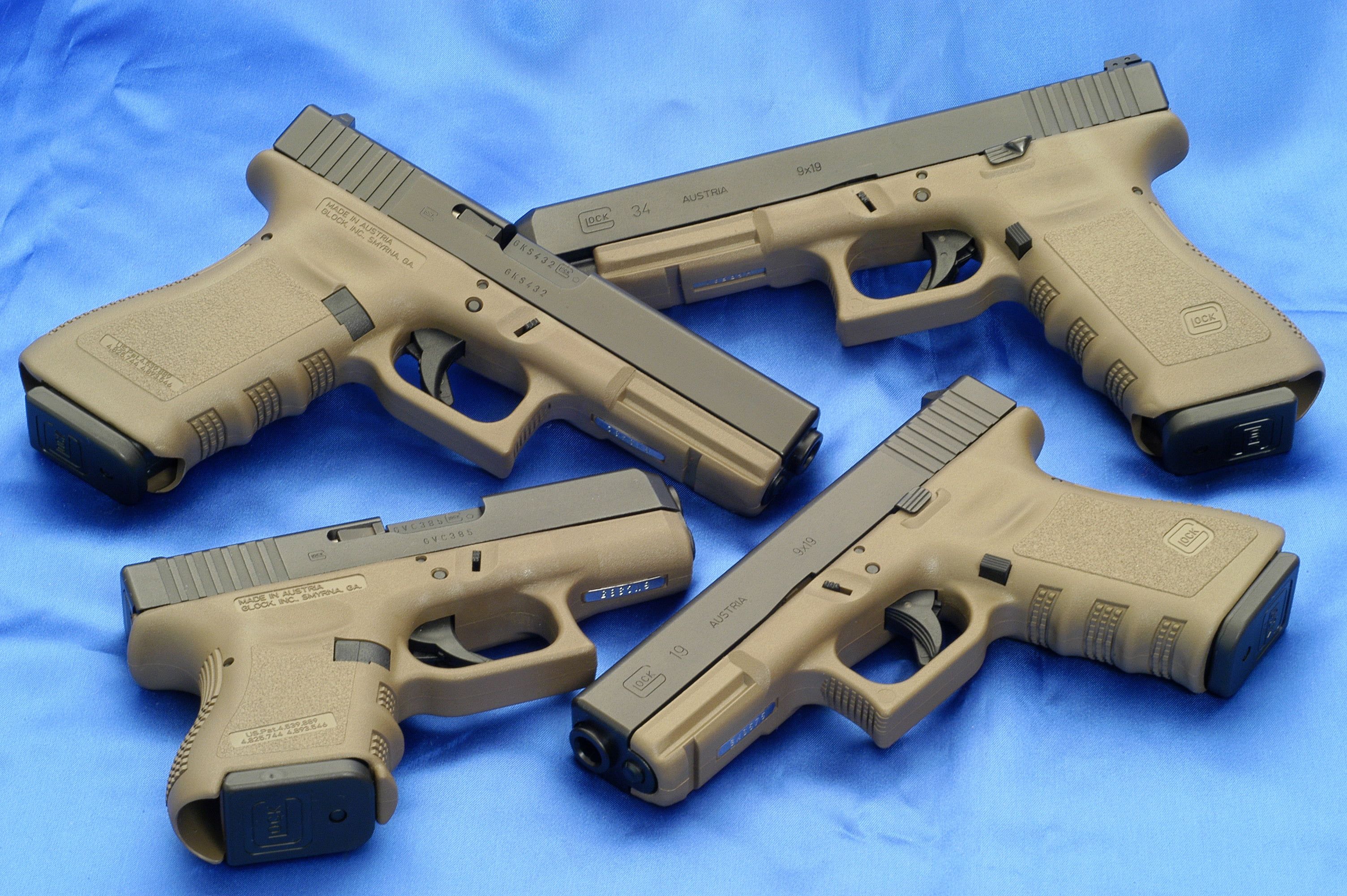 Glock 26, cut out, protection, indoors, Guns, text, handguns, blue background, justice - concept, handgun, semi-Automatic Pistol, Glock 34, Gun, danger, HD Wallpaper