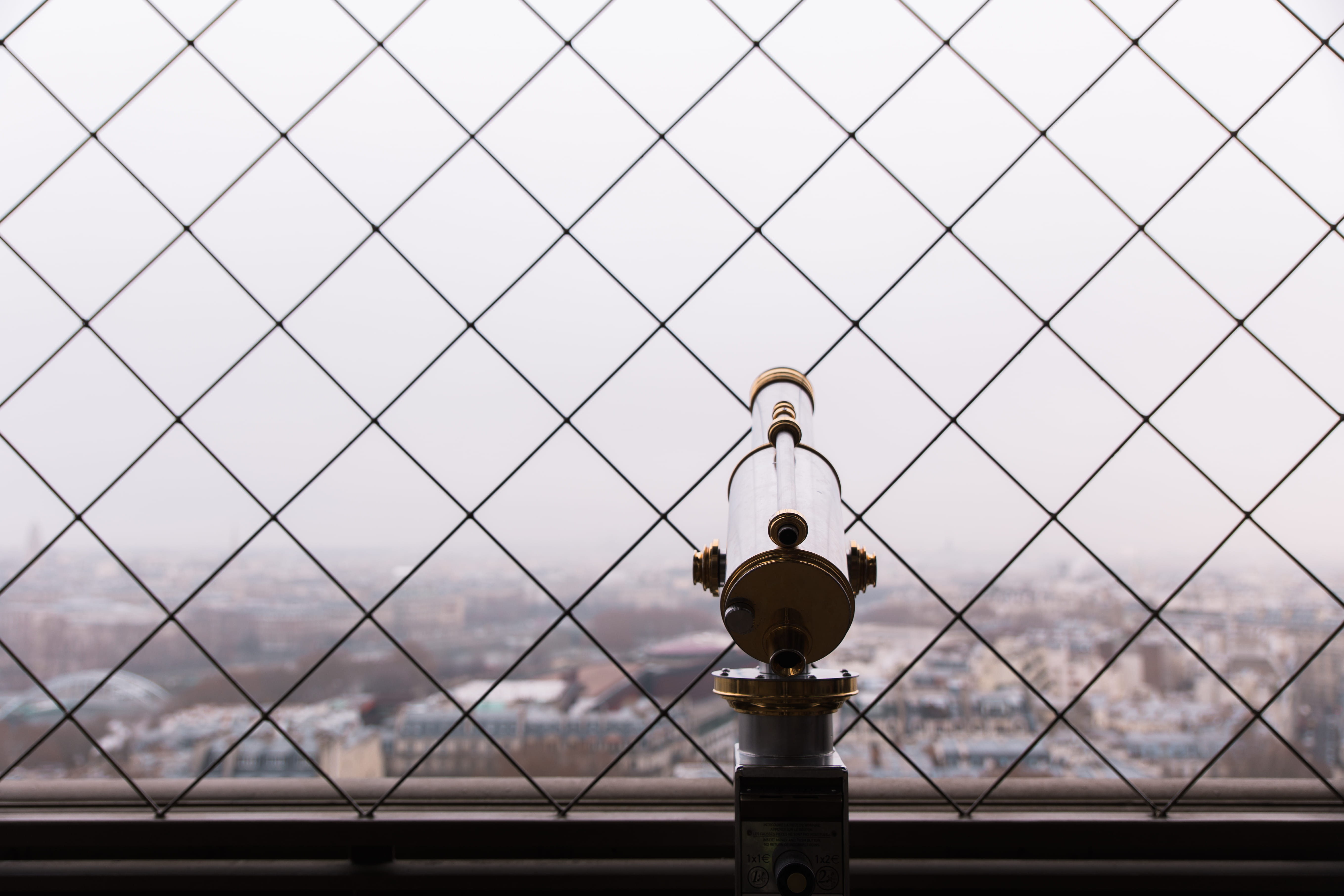 barrier, city, focus on foreground, built structure, no people, window, white, sky, metal, brass, security, skyscraper, overlook, black, justice - concept, HD Wallpaper