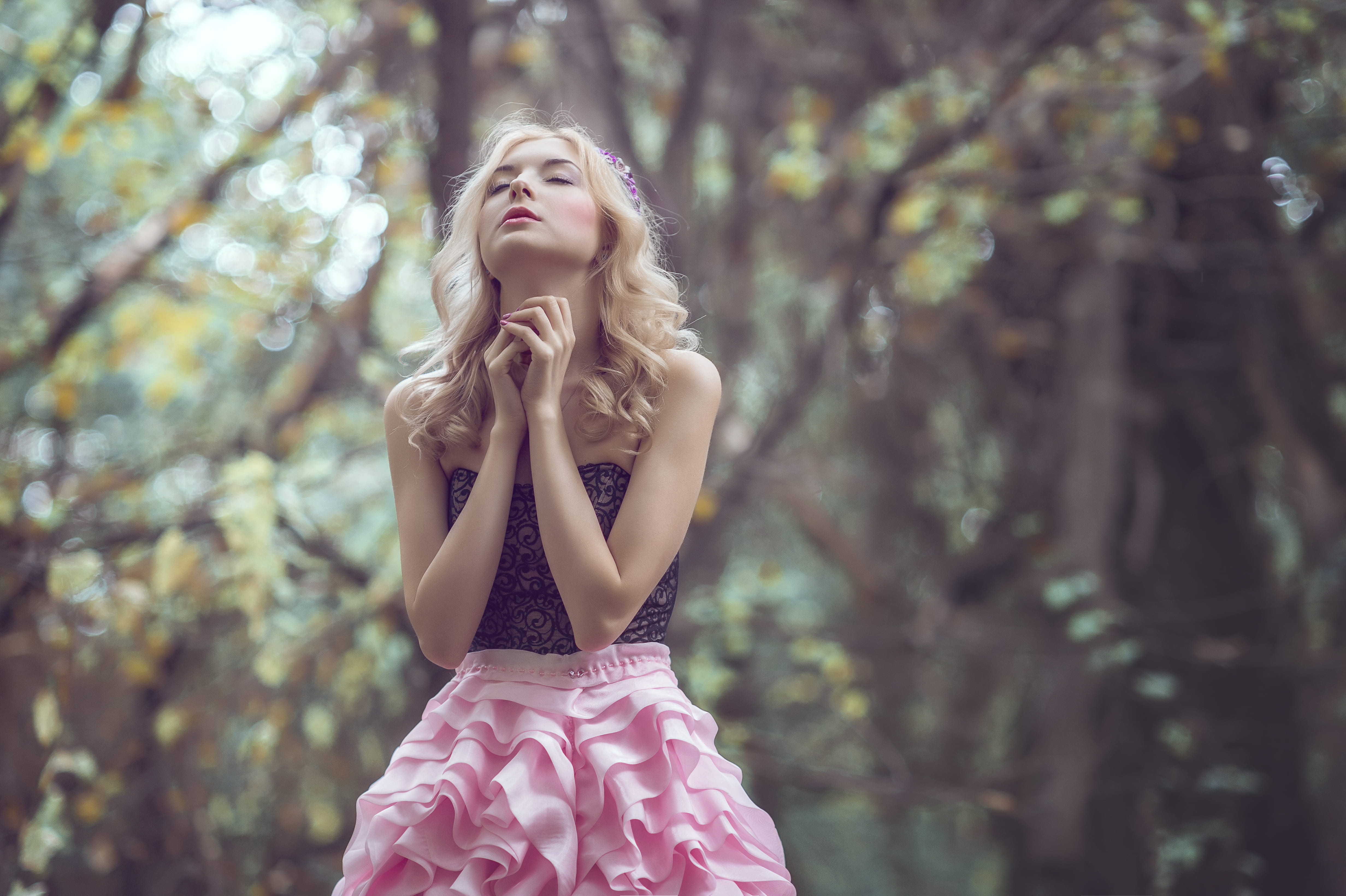 women, beauty, flower, daytime, wishing, long hair, dress, 4K, hair, hairstyle, one person, trees, bodice, middle, taking, closing, nature, praying, outdoors, HD Wallpaper