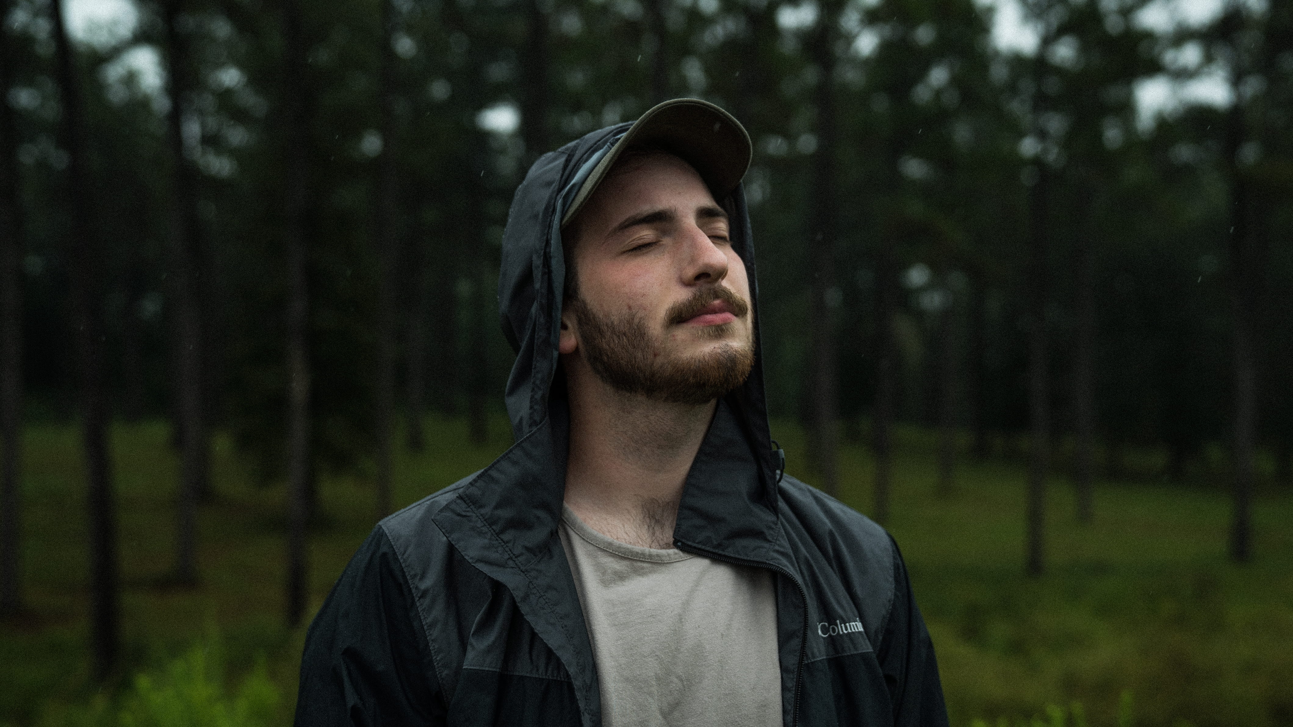 raining, facial hair, tree, dark, looking, adult, green, man, rain, outside, contemplation, nature, portrait, eyes, waist up, trees, looking away, male, HD Wallpaper