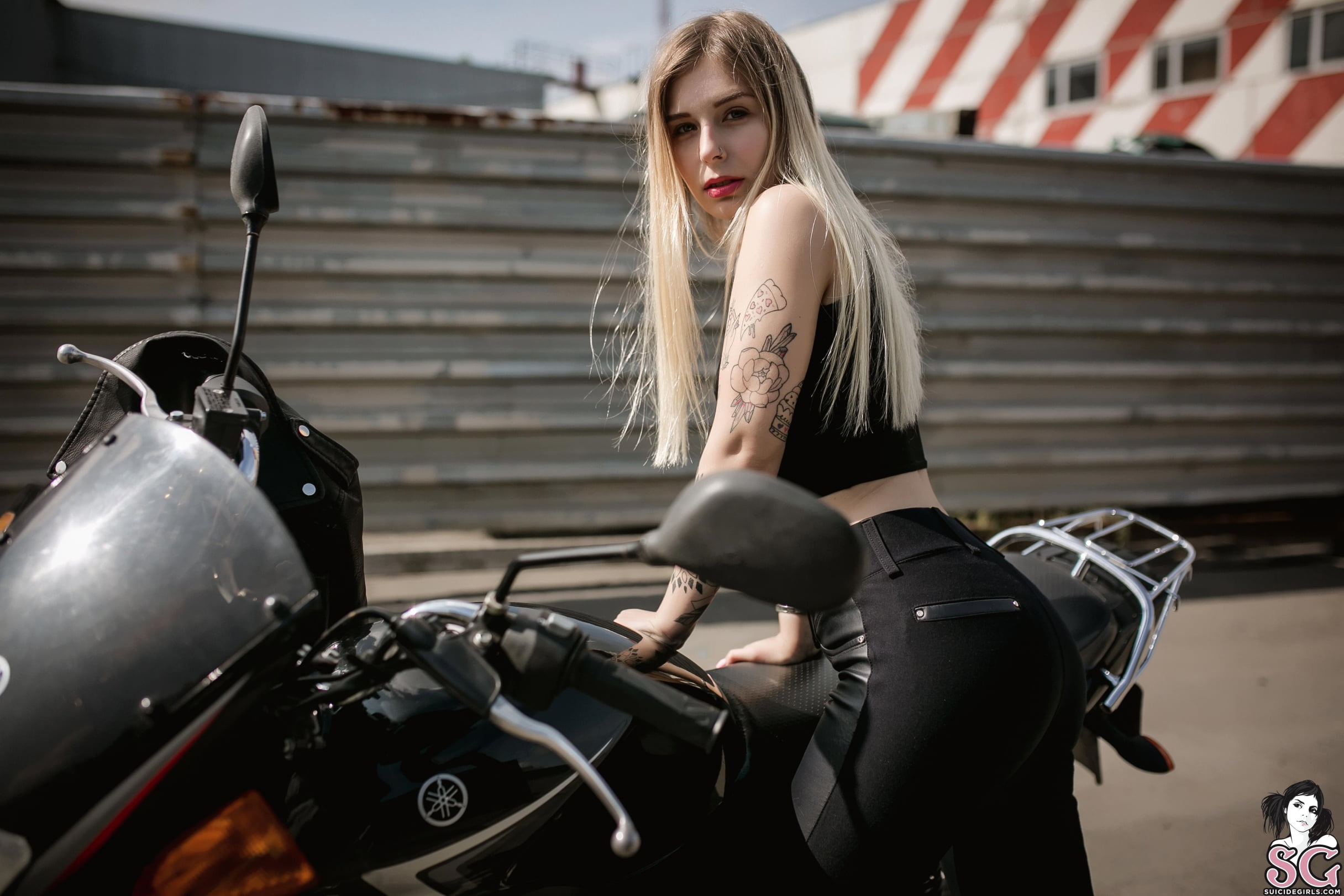 outdoors, blonde, depth of field, tattoo, looking at viewer, 1080P, inked girls, street, vehicle, women with motorcycles, nose rings, Valera, women, leather pants, HD Wallpaper