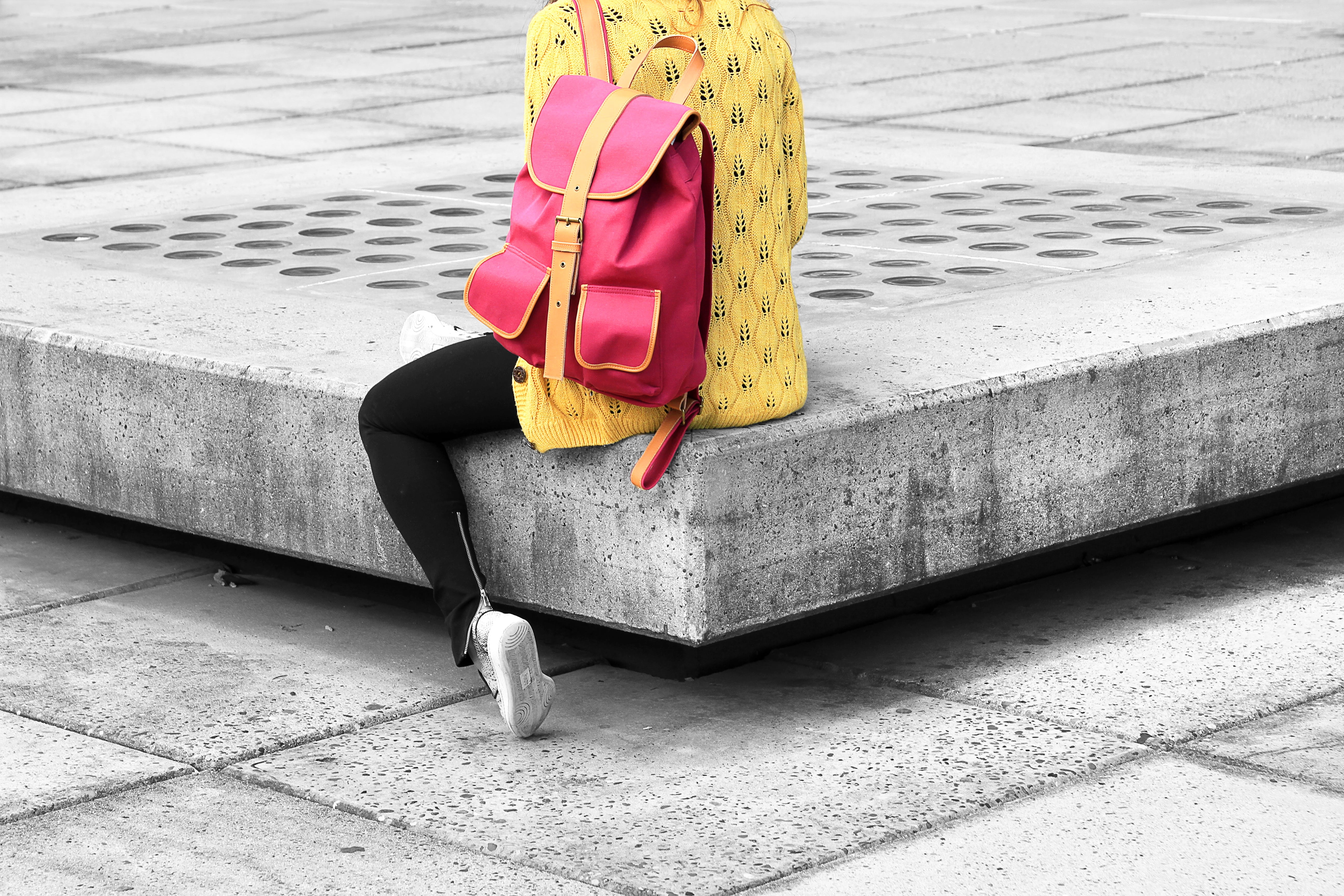 human body part, surface, backpack, 5K, red, woman, gray, selective, low section, urban, close-up, footpath, shirt, high angle view, sitting, photo, pink, HD Wallpaper