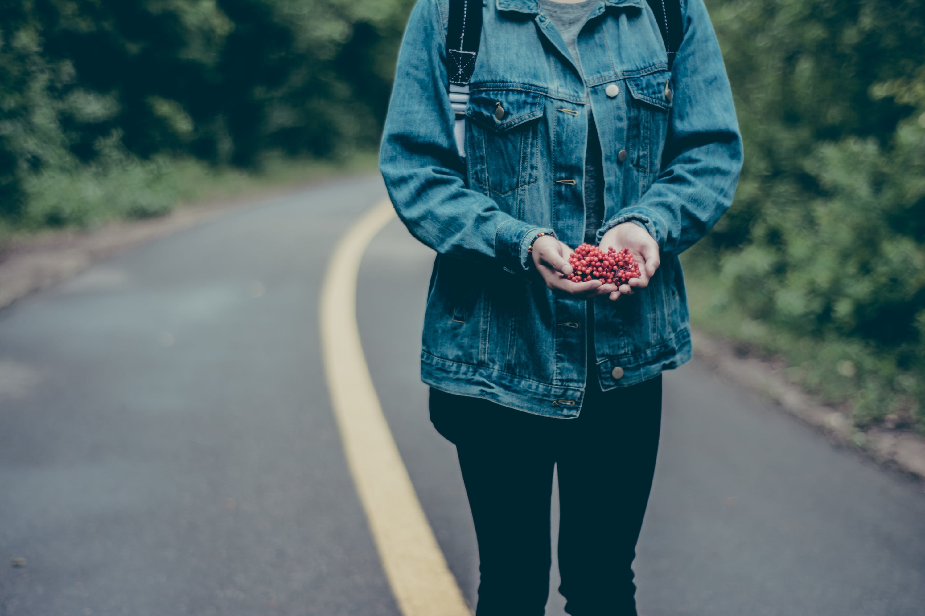 berries, autumn, seeds, daytime, jeans, fruit, denim, person, hand, outdoors, real people, green, jean jacket, woman, human body part, front view, people, HD Wallpaper