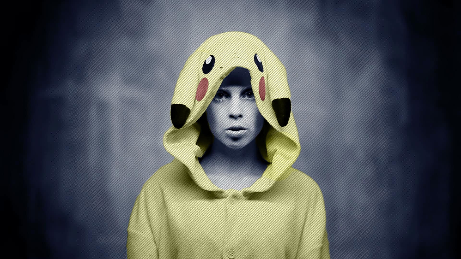 blue, front view, helmet, hood - clothing, fun, Pokémon, indoors, Yolandi Visser, emotion, standing, blue background, headshot, Die Antwoord, colored background, HD Wallpaper