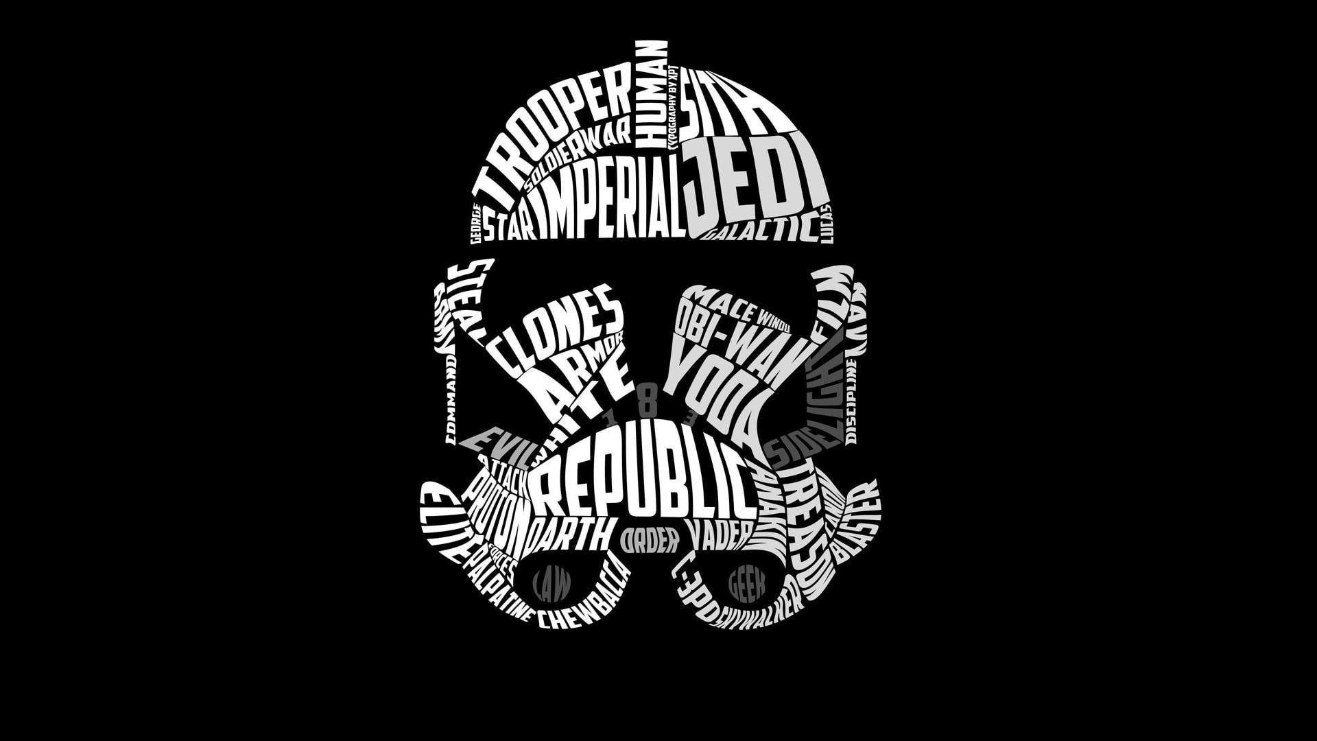 star wars trooper typography typographic portraits word clouds, the past, black background, bone, history, no people, creativity, 1080P, arts culture and entertainment, HD Wallpaper