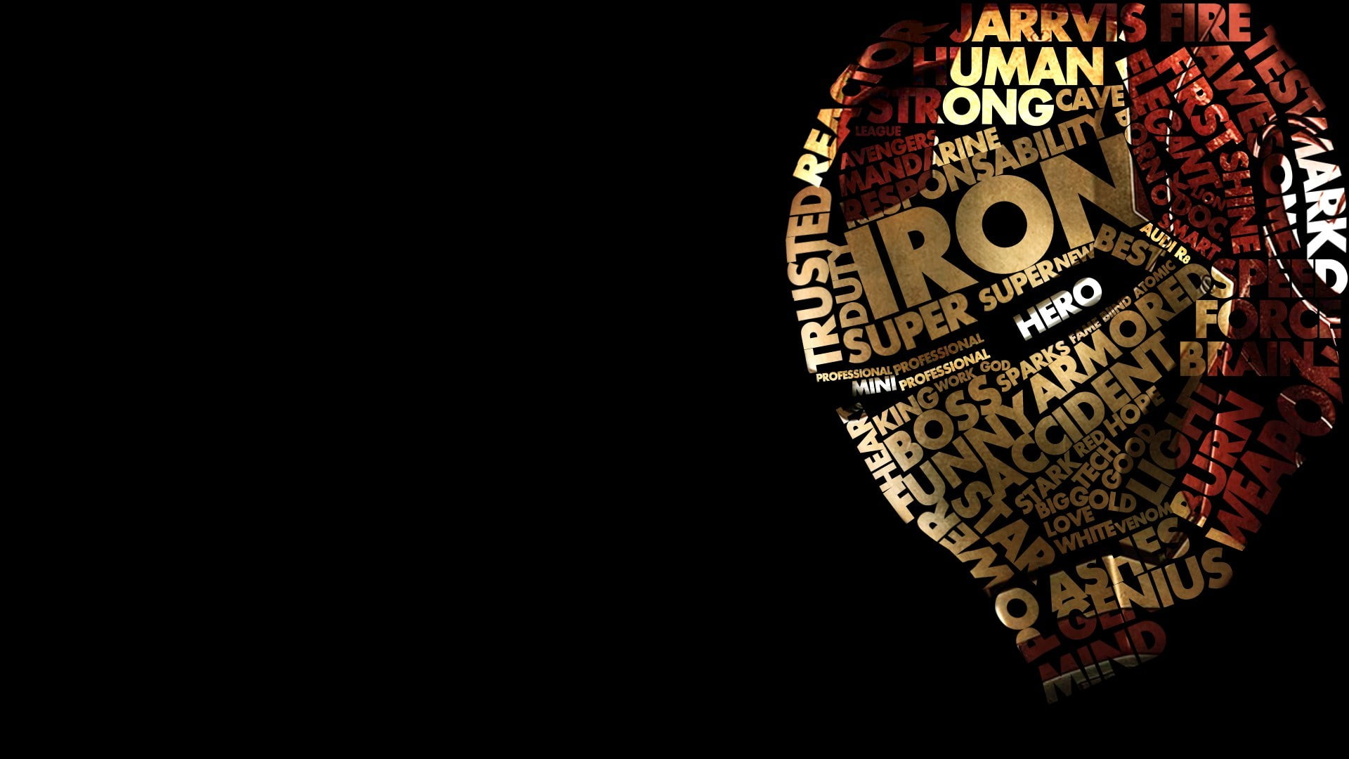 1080P, black background, Typography, Typographic Portraits, superhero, Iron man, HD Wallpaper