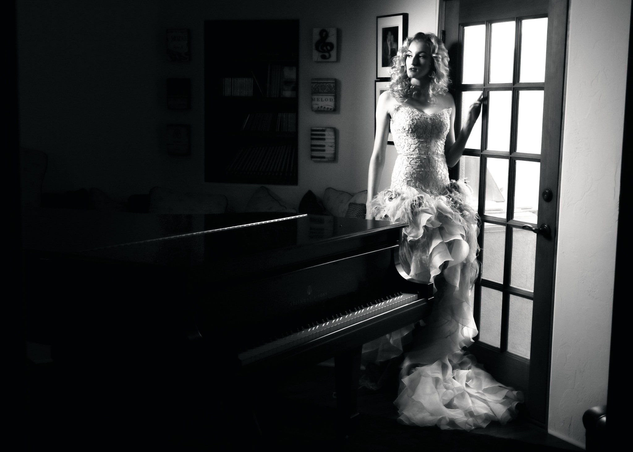 monochrome, 1080P, model, women, piano, HD Wallpaper