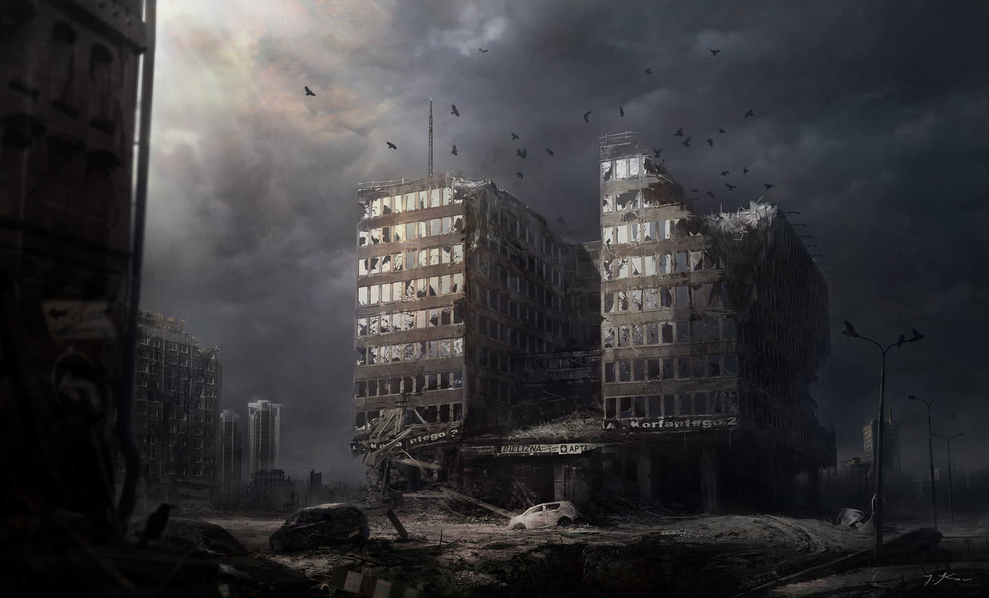 tower, destruction, sky, no people, art, storm, construction site, architecture, sullen, history, Apocalypse, city, ruined, cloud - Sky, overcast, building, HD Wallpaper