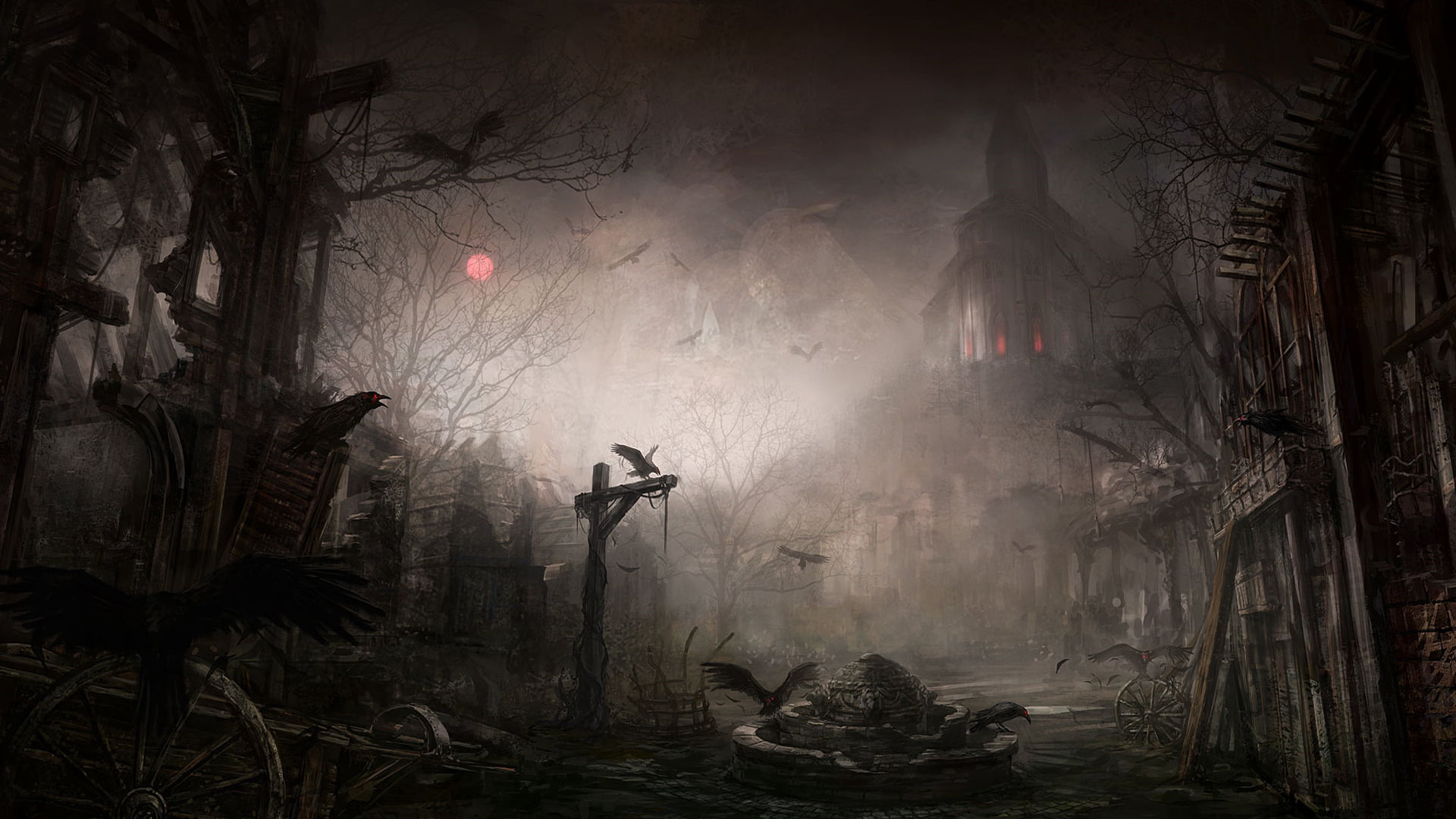 illustration, cross, old, building, place of worship, sunbeam, ghost, forest, 1080P, moonlight, smoke - physical structure, fog, grave, shock, crows, plant, HD Wallpaper