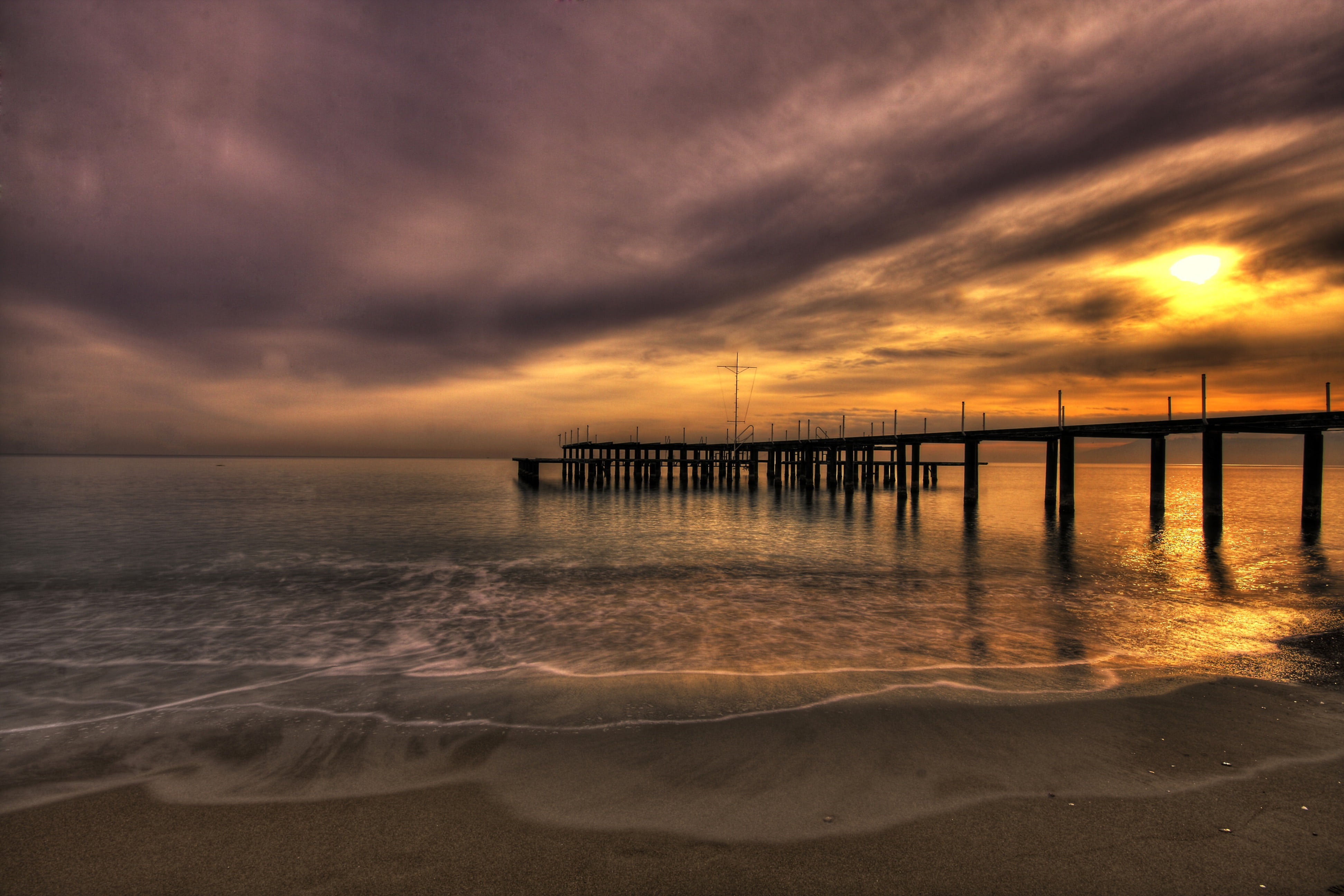 emotional stress, sunrise, red, beach, sullen, wooden post, yellow, horizon, concepts and ideas sense, considerate, no people, outdoors, thinking, horizon over water, HD Wallpaper