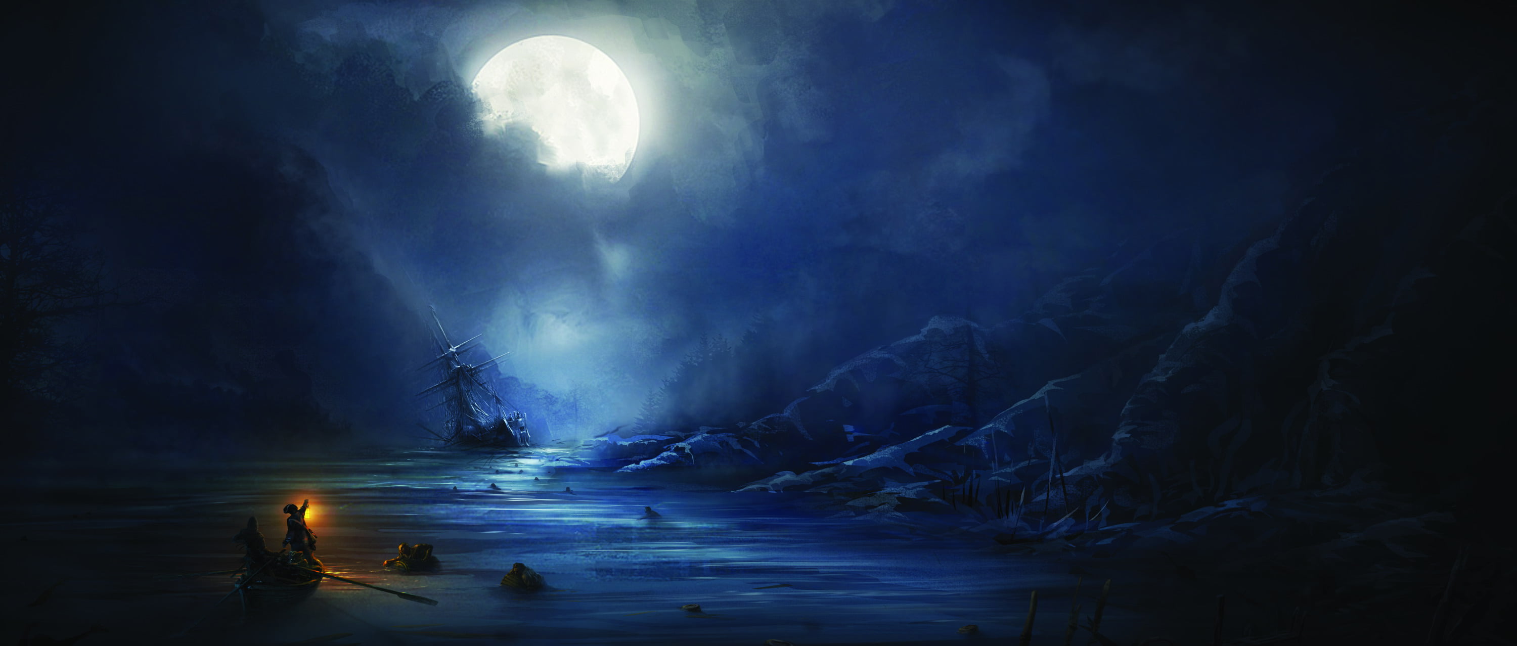 no People, light, cloud - Sky, illustration, snow, boats, the moon, night, ship, fog, winter, nature, people, water, illuminated, blue, dark, Assassins Creed III, HD Wallpaper