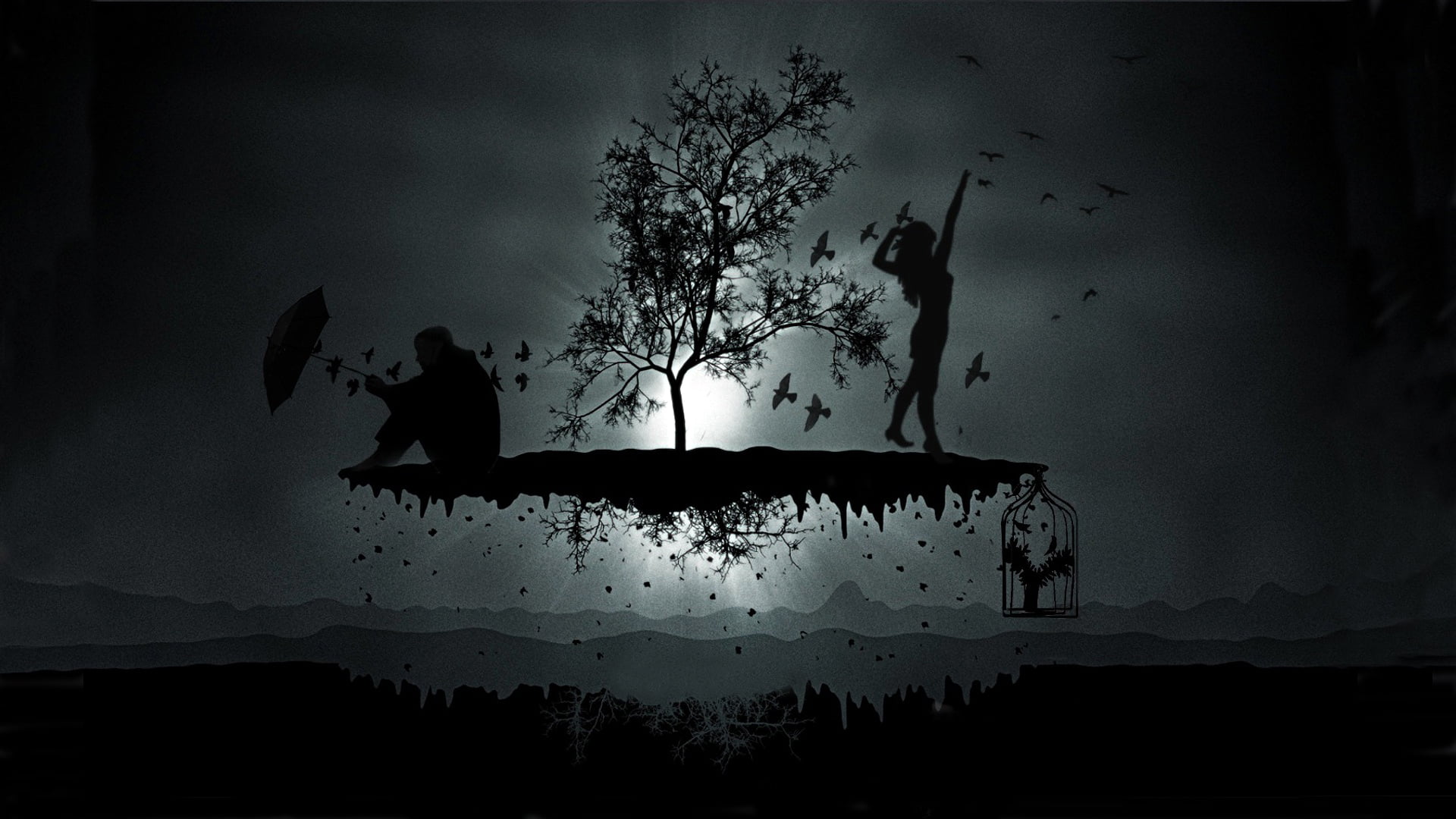 shock, cloud - sky, animal wildlife, plant, moonlight, back Lit, SILHOUETTES, flying, DARK, silhouette, MALE, cemetery, 1080P, water, UMBRELLA, grave, HD Wallpaper