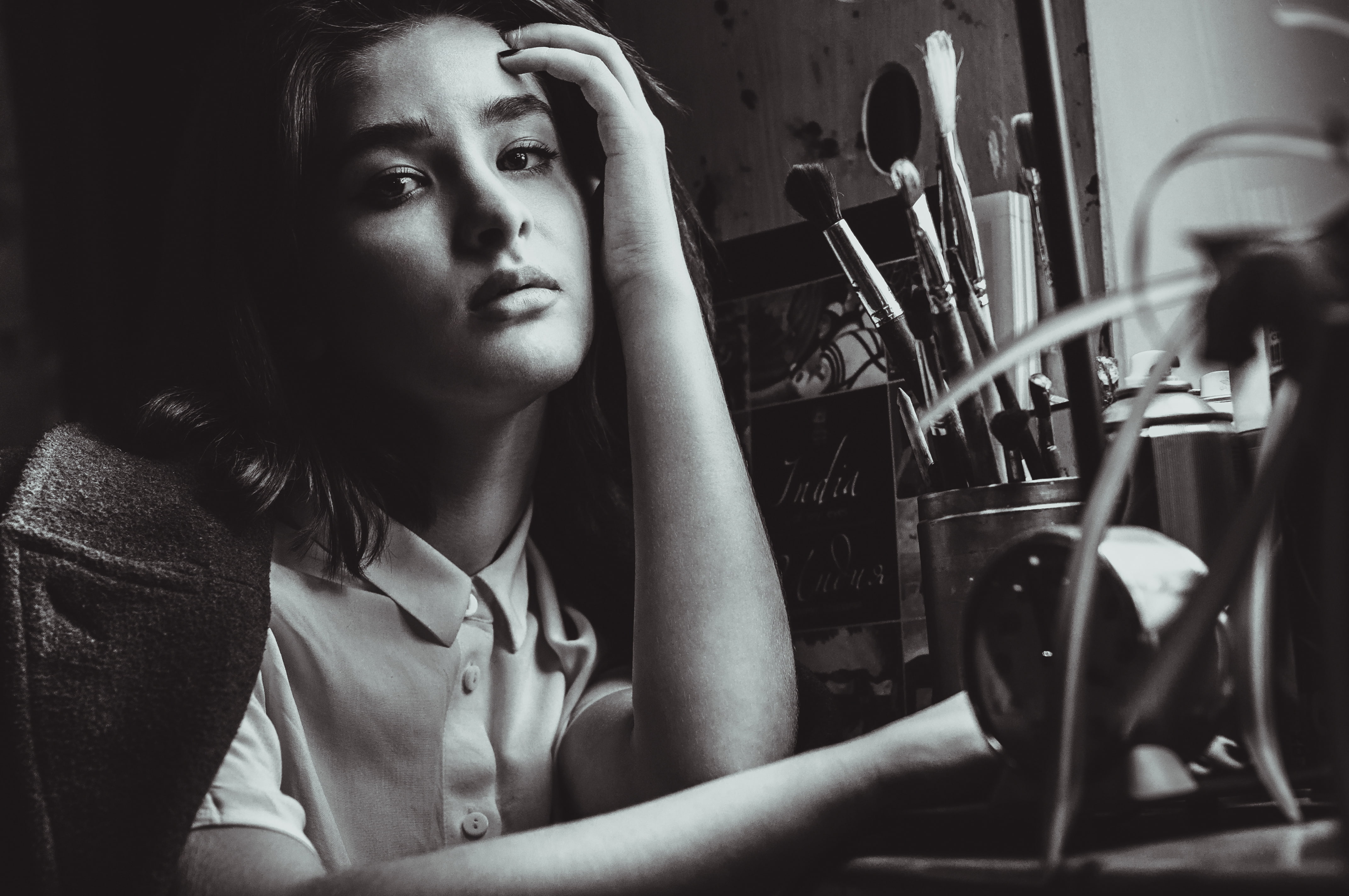 portrait, monochrome, women, momorozov, 4K, paintbrushes, HD Wallpaper