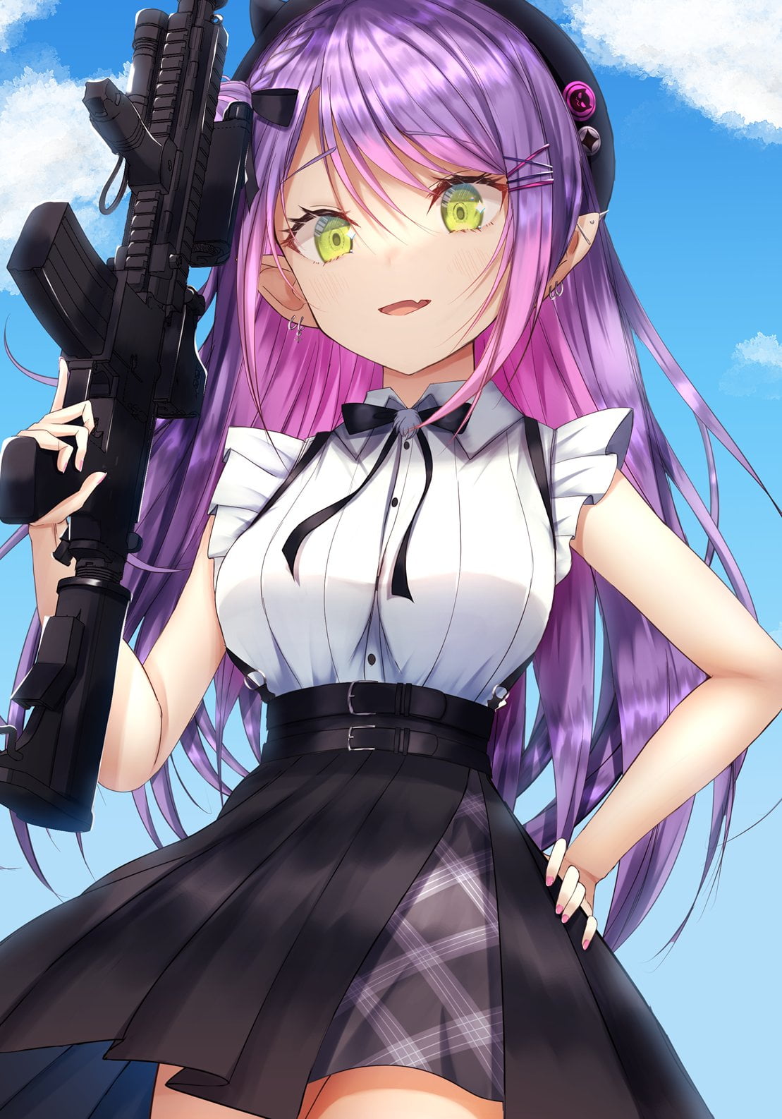 rifles, purple hair, Nidaime, anime girls, Hololive, 720P, Tokoyami Towa, Phone HD Wallpaper
