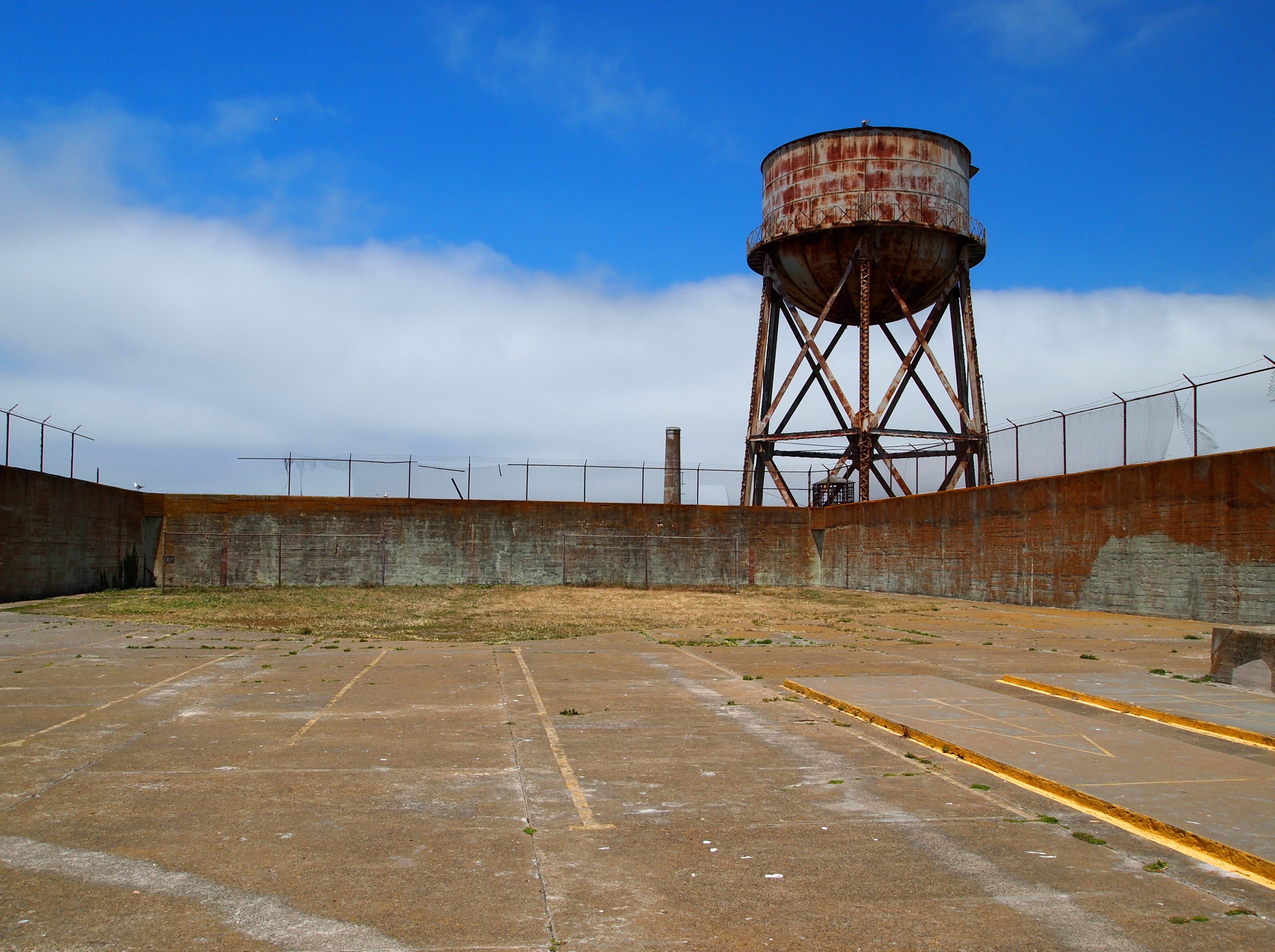 outdoors, blue, empty, united states, alcatraz island, road, jail, sky, cloud - sky, no people, direction, water tower - storage tank, san francisco, security, HD Wallpaper