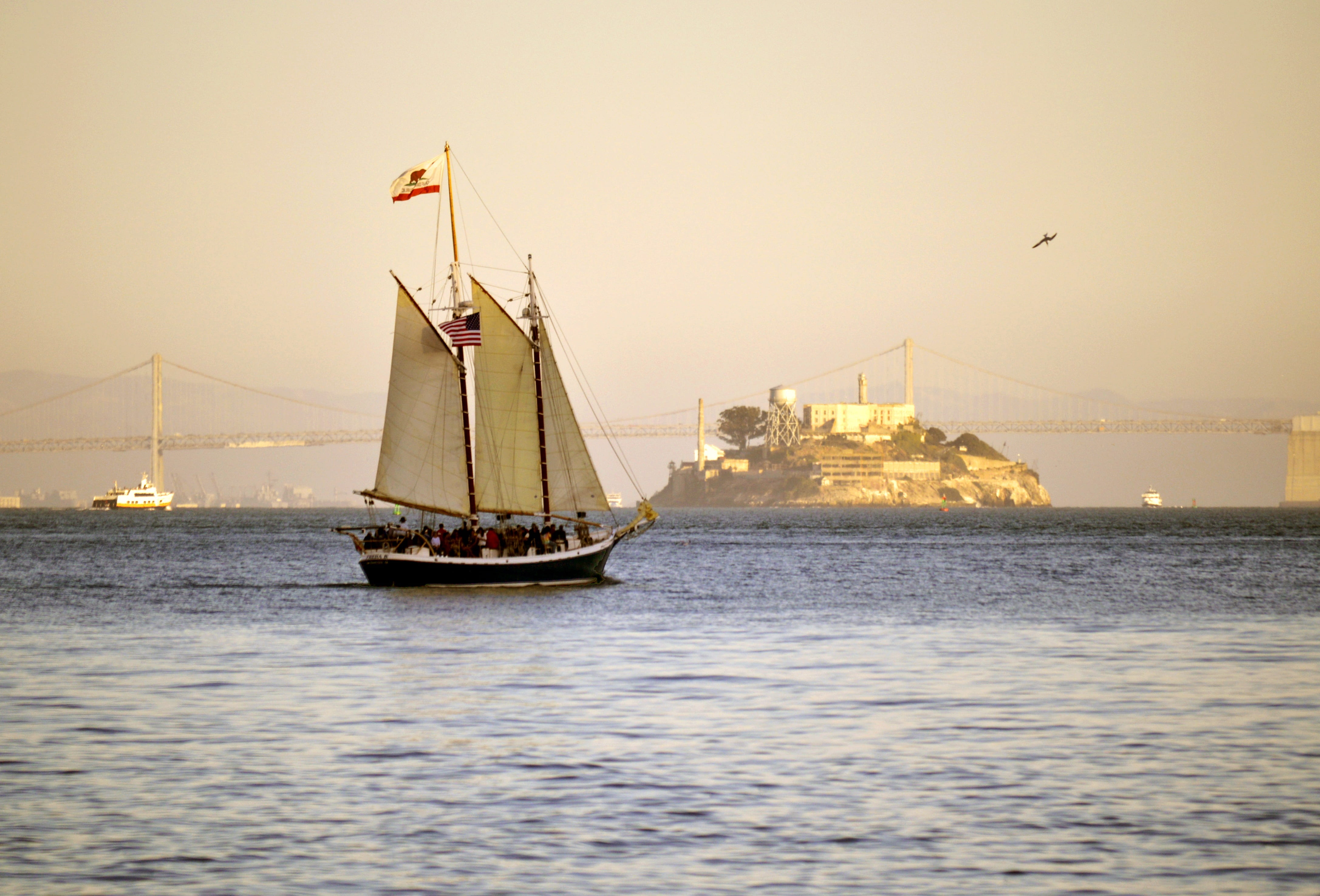 sail, outdoors, prison, sunset, sausalito, sailboat, pacific, alcatraz, architecture, mode of transportation, late, california, nautical vessel, travel, HD Wallpaper