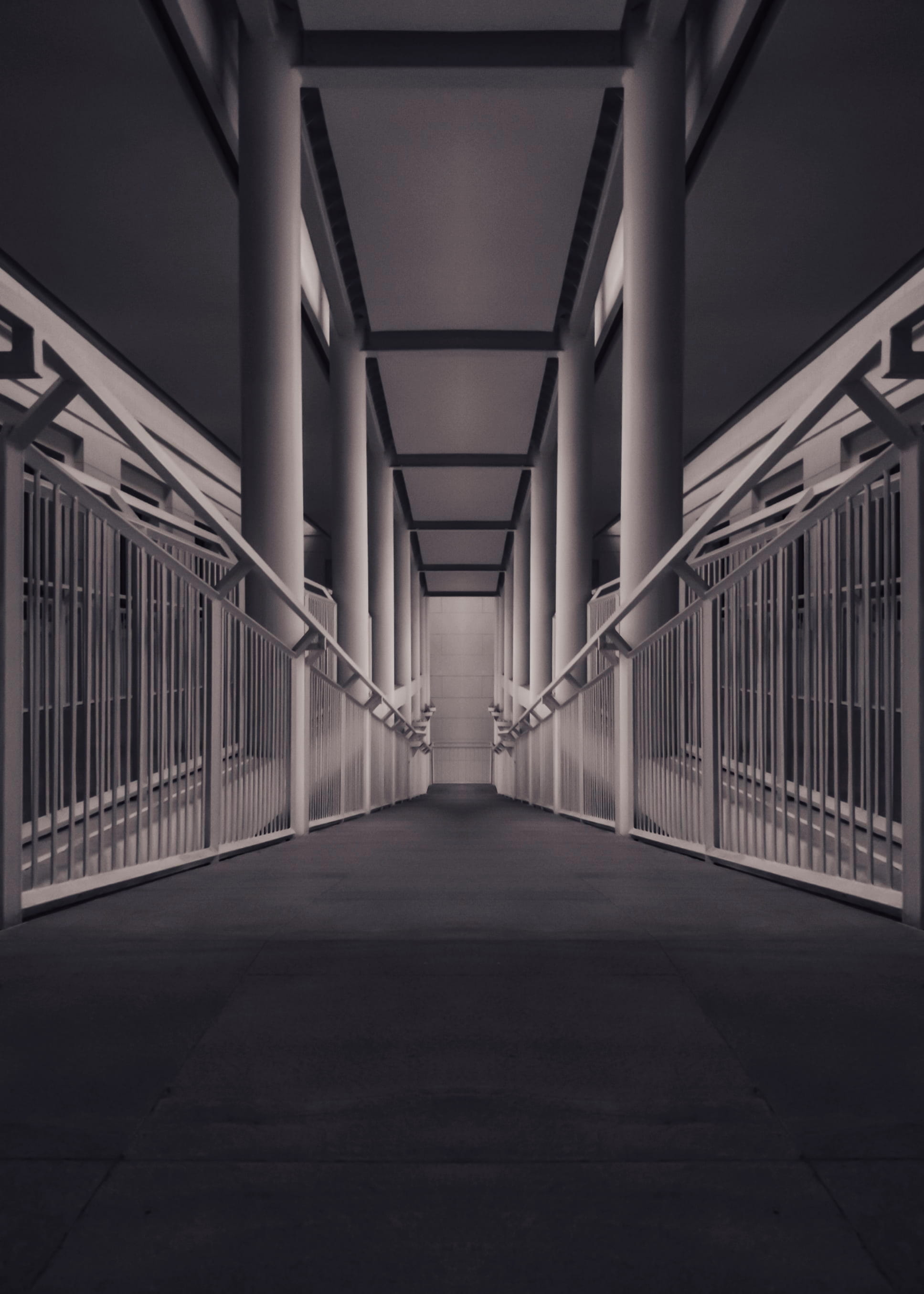 hall, lighting, prison, flooring, pattern, handrail, 2K, pathway, art, floor, photography, footbridge, metal, ceiling, banister, building, sepia, connection, Phone HD Wallpaper