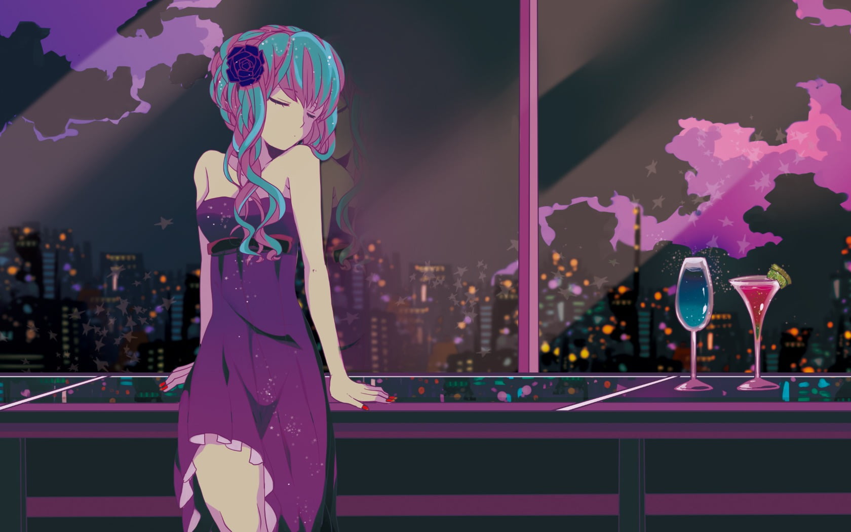 purple, bar, real people, 720P, adult, arts culture and entertainment, anime girls, young women, city, glass, illustration, three quarter length, lifestyles, HD Wallpaper