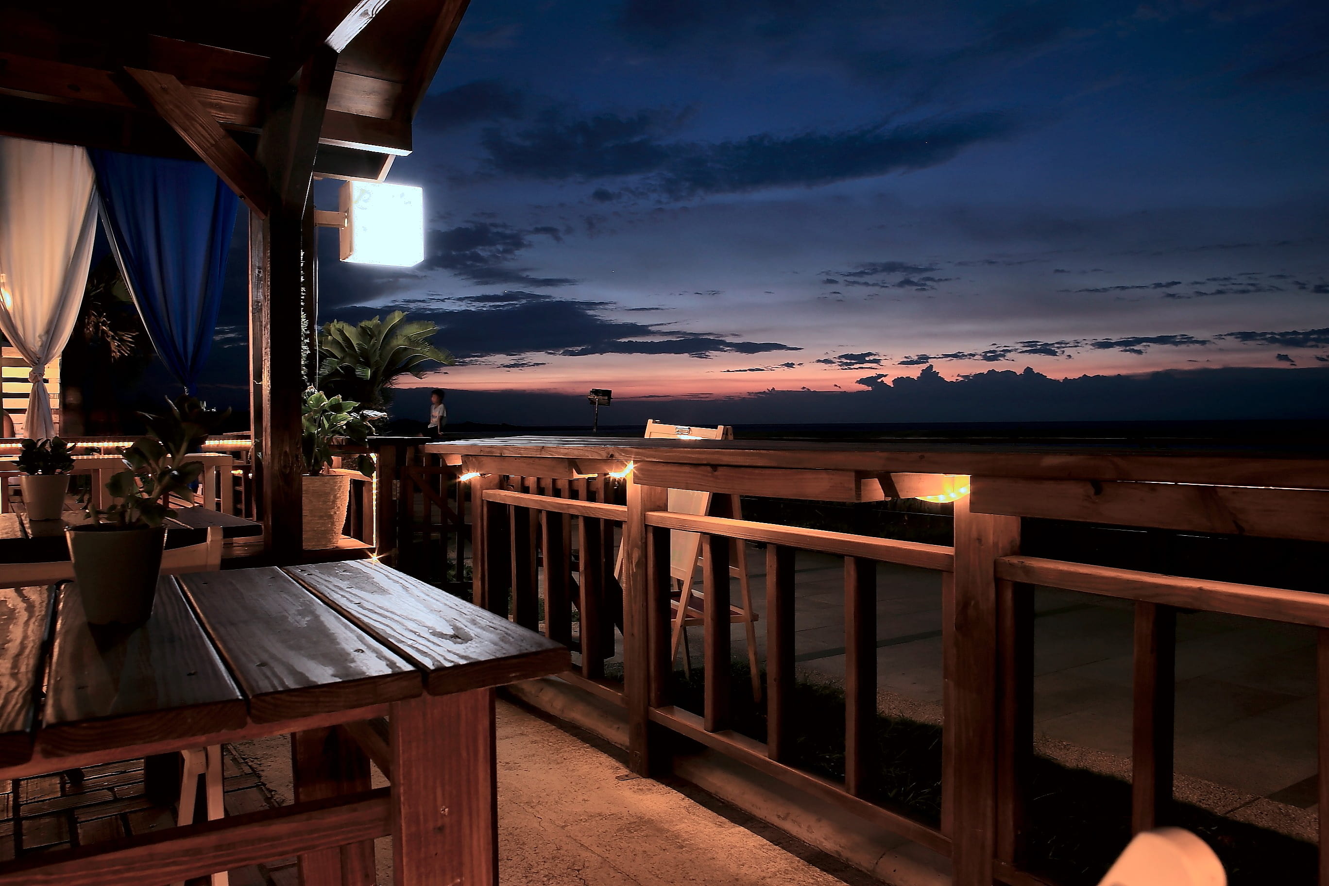 light, pot, sky, scenics - nature, wooden chairs, 2K, beauty in nature, building exterior, curtain, railing, wooden table, night, cloud - sky, clouds, HD Wallpaper