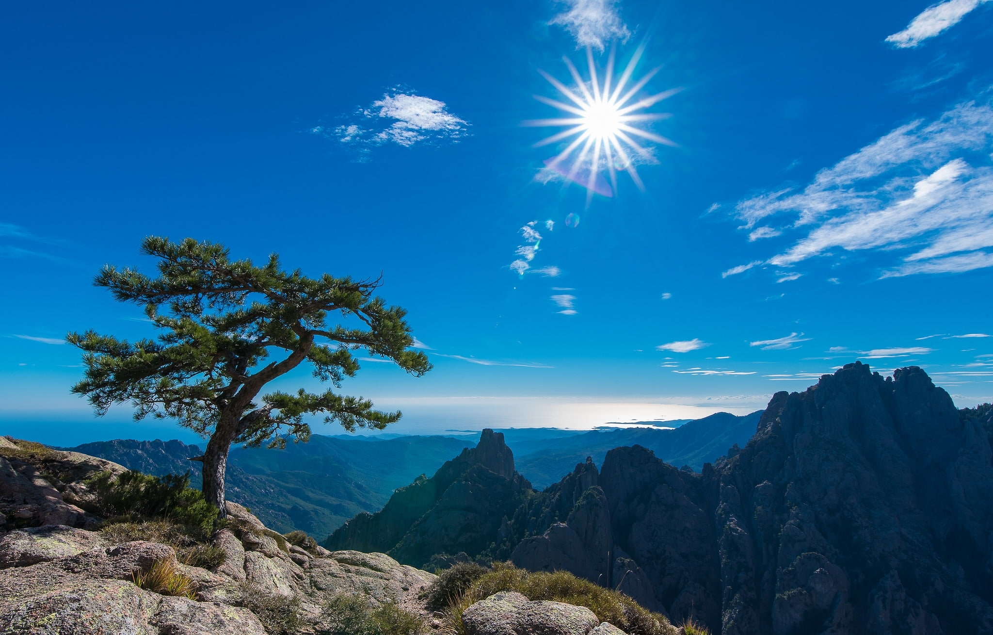 the sun, Needles of Bavella, Corsica, Conca, Needle Bavella, Bavella Needles, 1080P, France, tree, mountains, the sky, HD Wallpaper