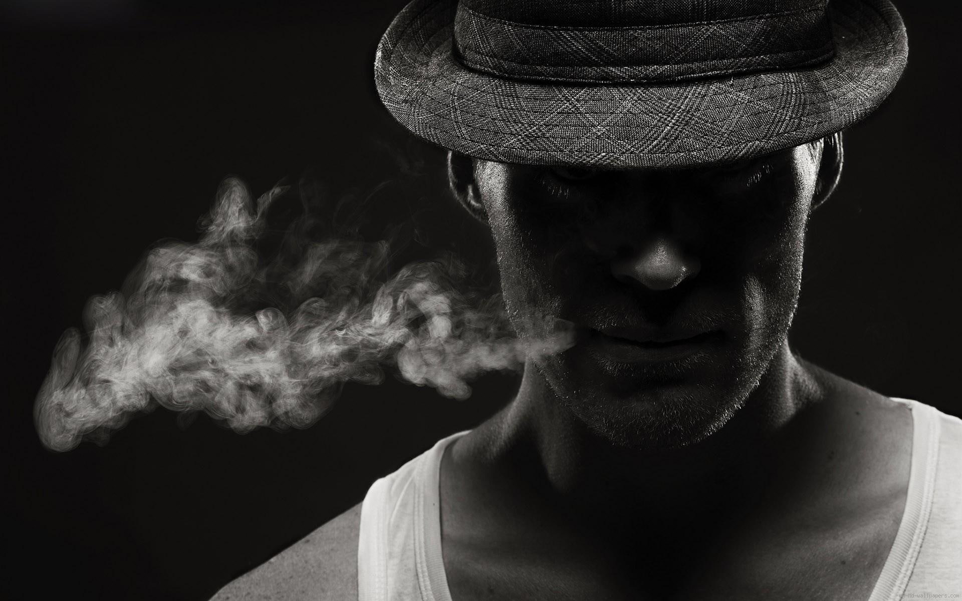 fedora, smocking, black, diverse, silouhette, plaid, men, 1080P, black and white, hat, grey, smoke, HD Wallpaper