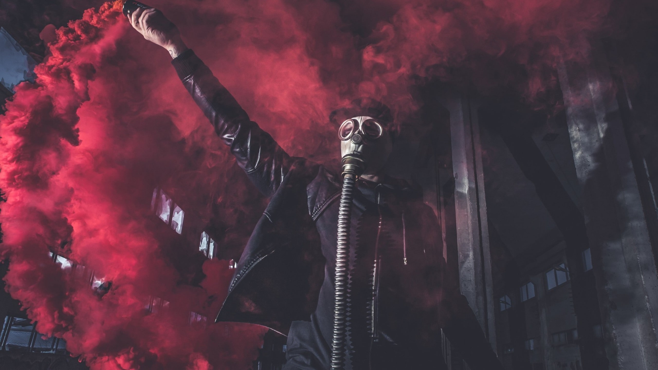 red, smoke, gas masks, 2K, HD Wallpaper