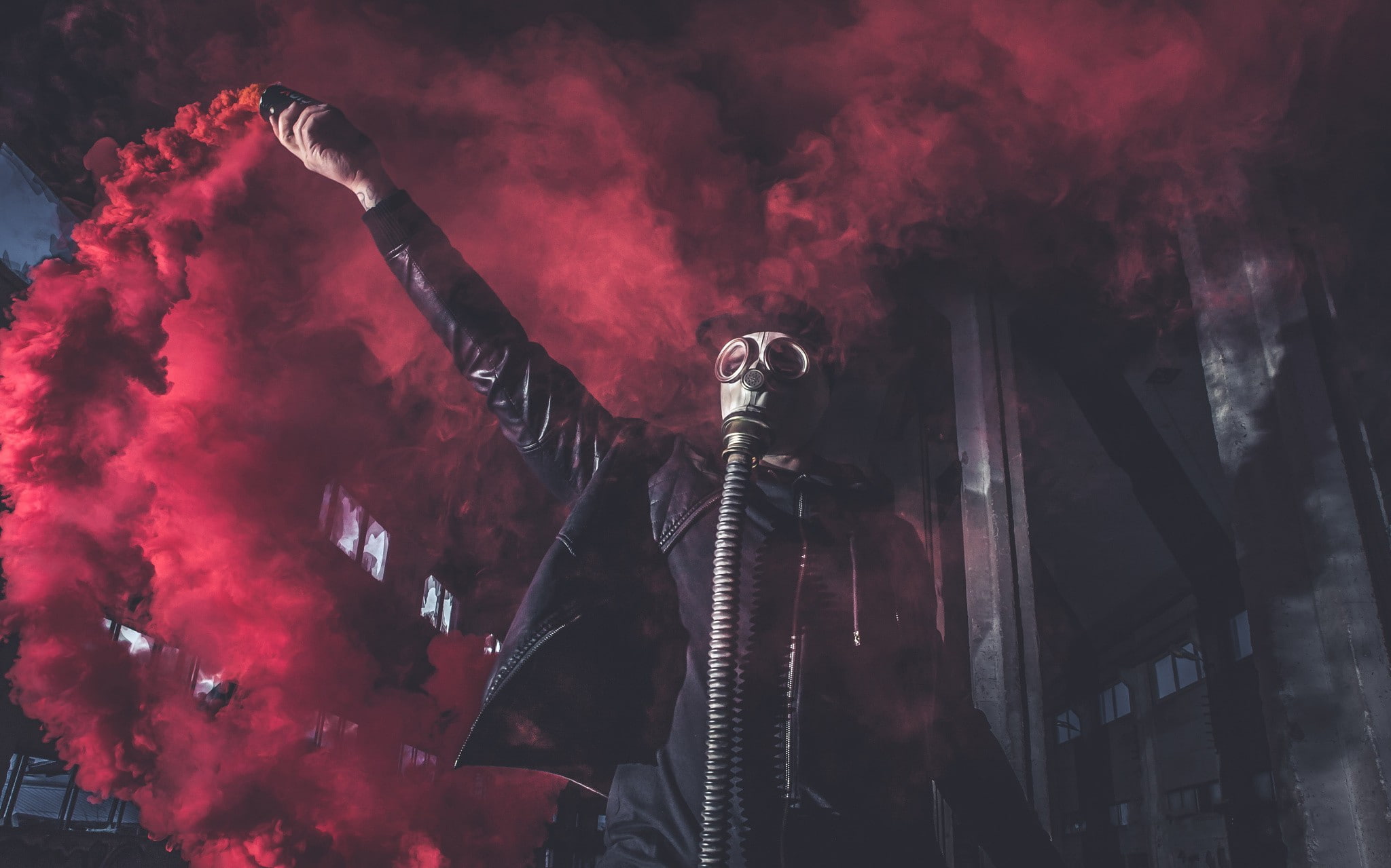 photography, gas masks, men, colorful, red, 1080P, smoke, HD Wallpaper