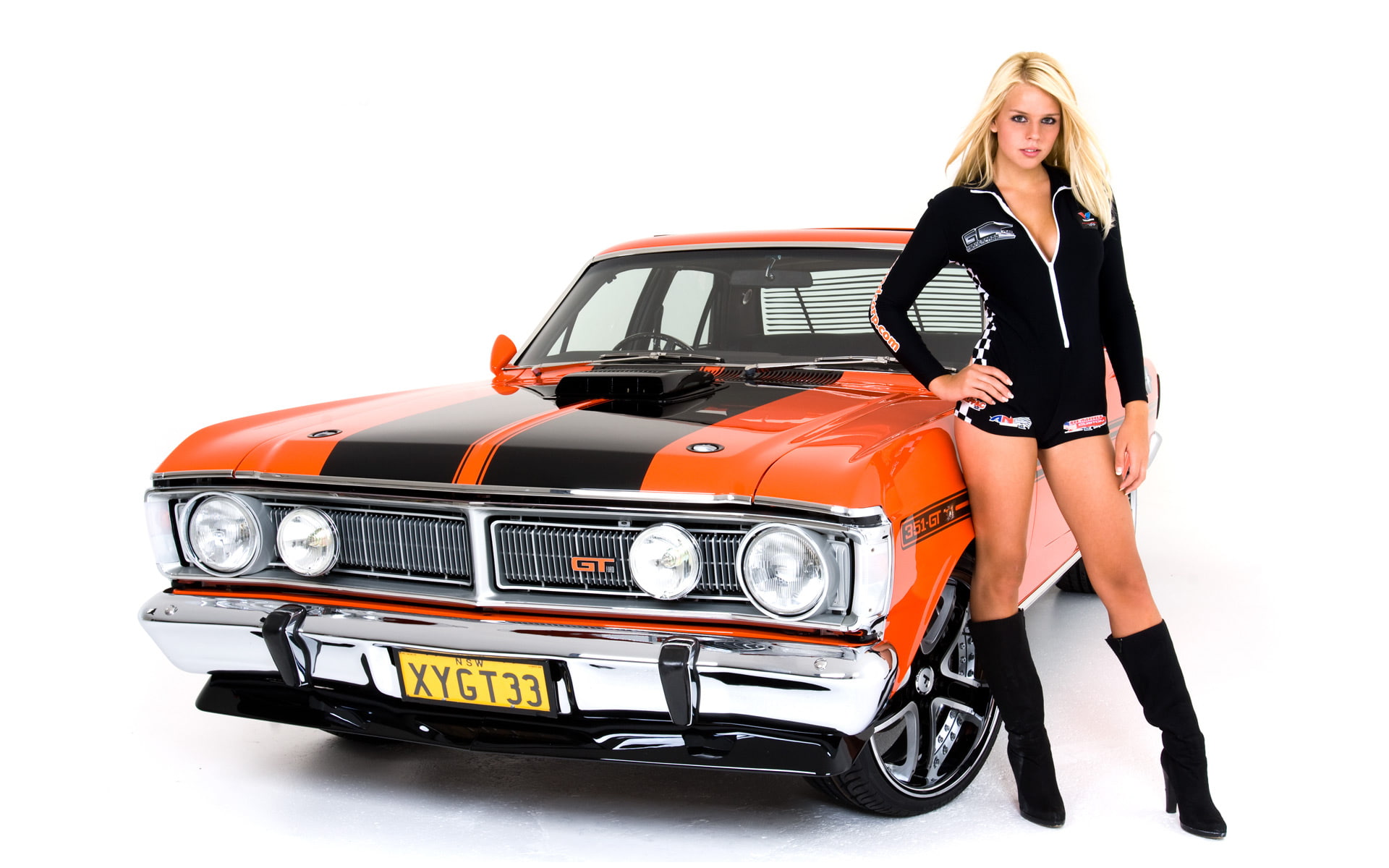 sedan, women, 1080P, looking at camera, blonde, beautiful woman, black color, young women, front view, land vehicle, full length, studio shot, white background, HD Wallpaper