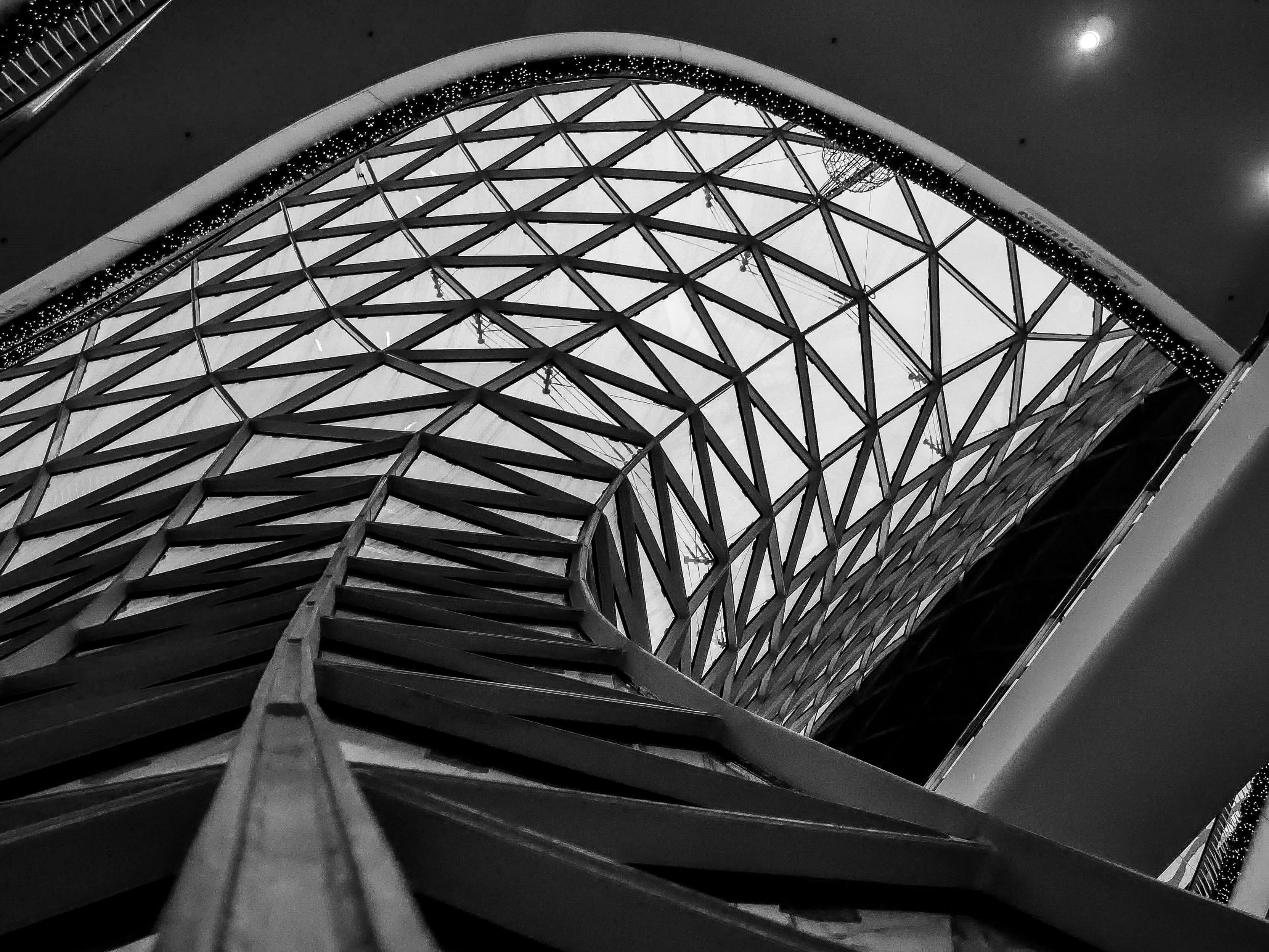 shopping center, no people, built structure, railing, form, staircase, building, glassy, ornament, still life, myzeil, design, clear, window, transparent, HD Wallpaper