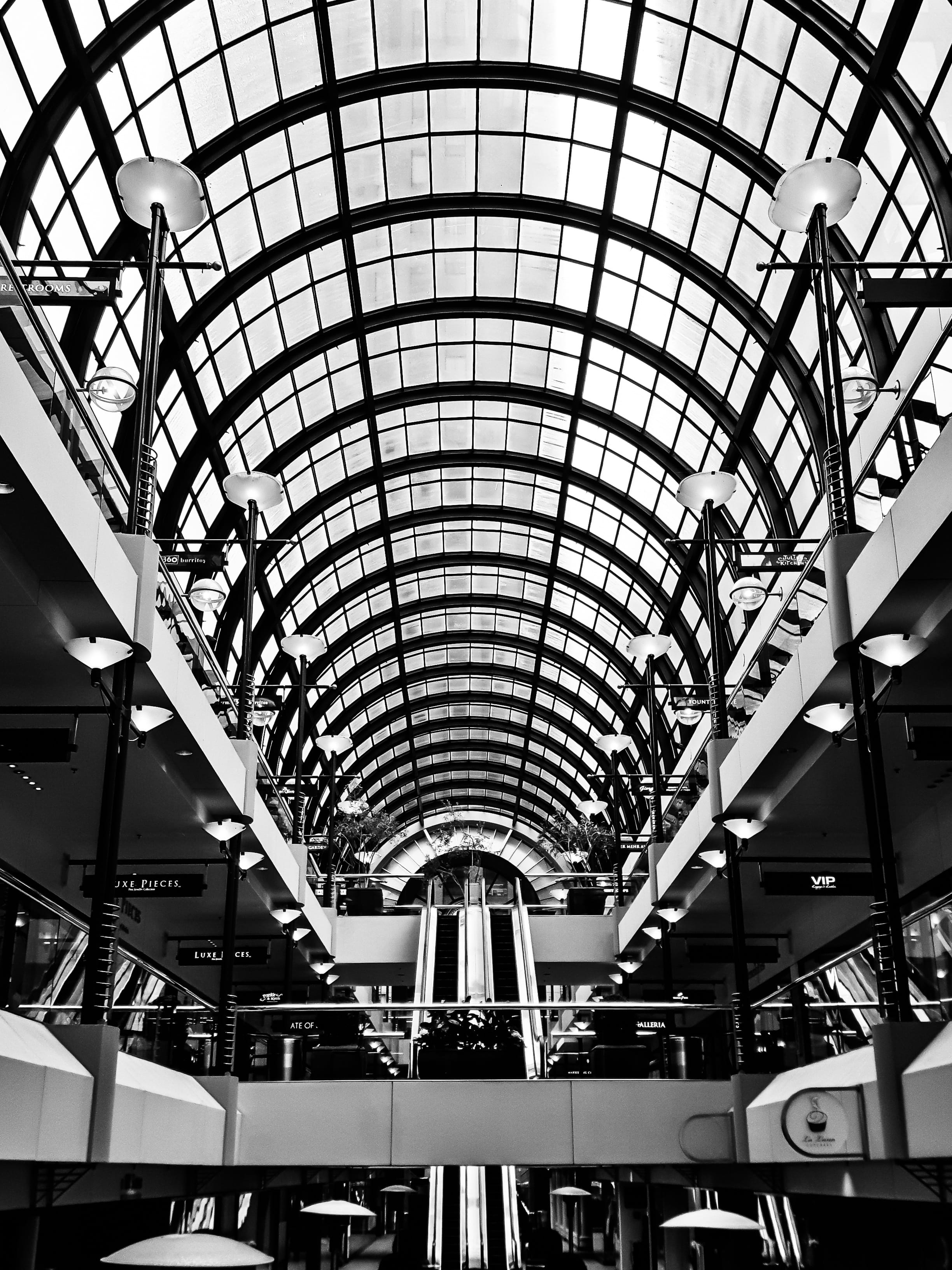 interior design, rail transportation, shopping, modern, 2K, building, urban, architecture, transportation, indoors, purchasing, skylight, window, ceiling, Phone HD Wallpaper
