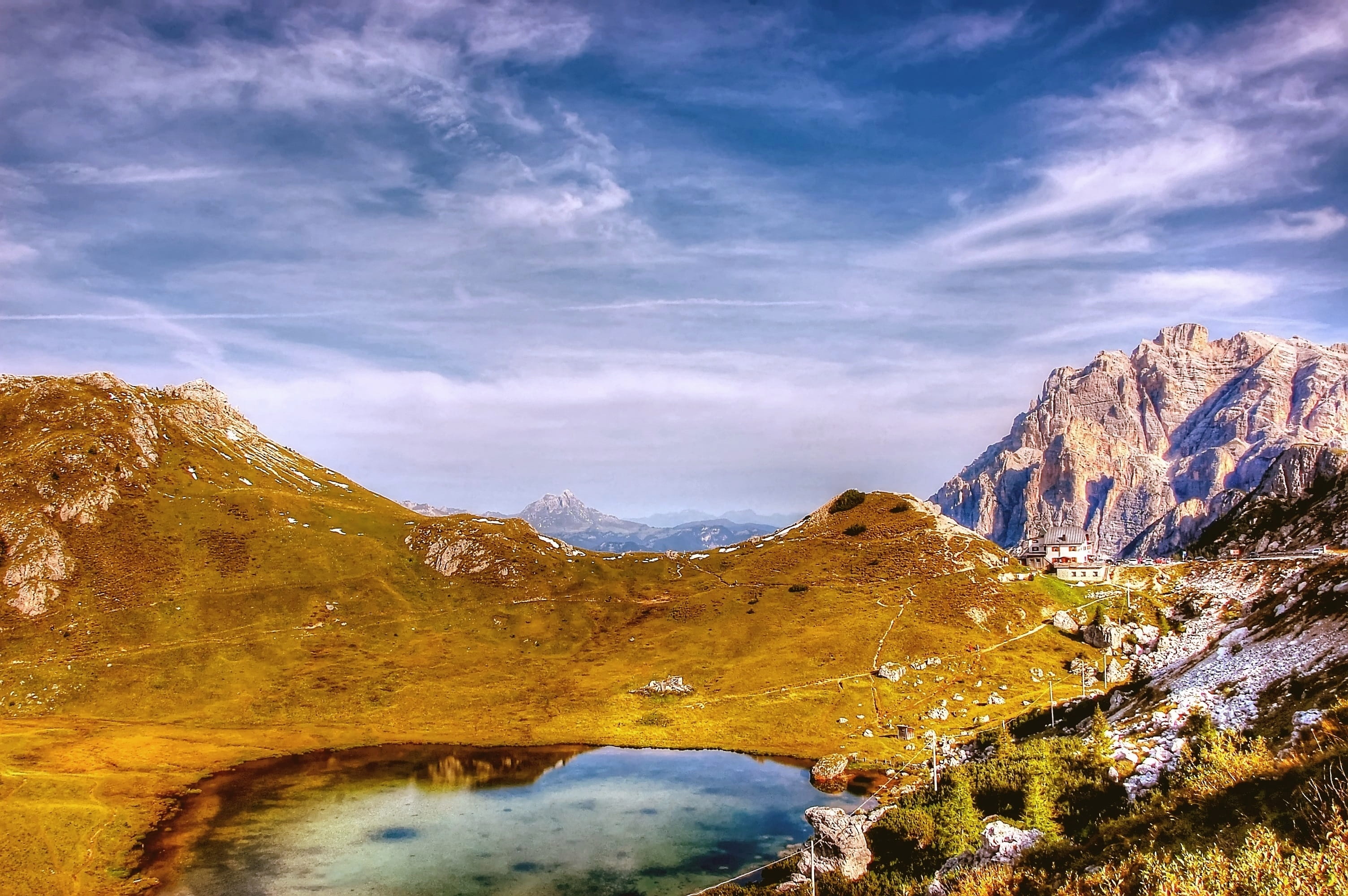 mountain, formation, south tyrol, clouds, nature, mountain range, tranquility, beauty in nature, rock - object, lake, summer, outdoors, unesco world heritage, HD Wallpaper
