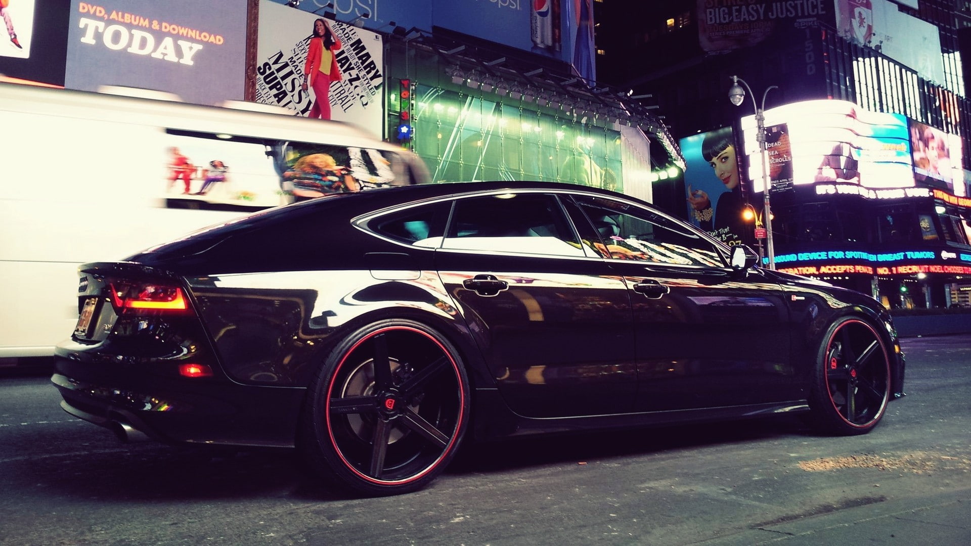 the city, metalik, black, audi, city, Audi A7, machine, 1080P, lights, HD Wallpaper
