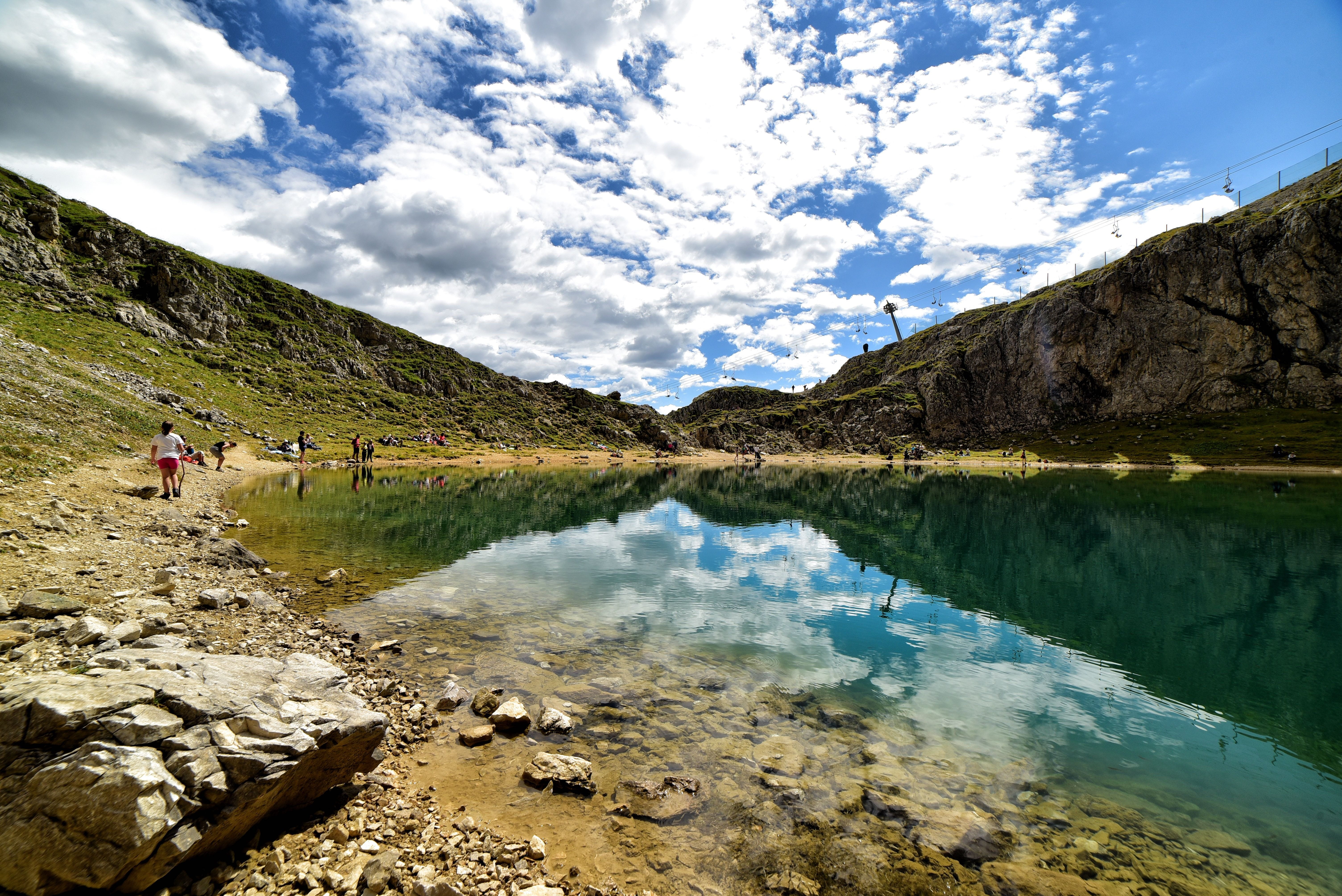 reflection, body of water, green, rocks, clouds, 5K, scenics - nature, cloud, incidental people, landscape, idyllic, lac boé, holiday, outdoors, mountain lake, HD Wallpaper